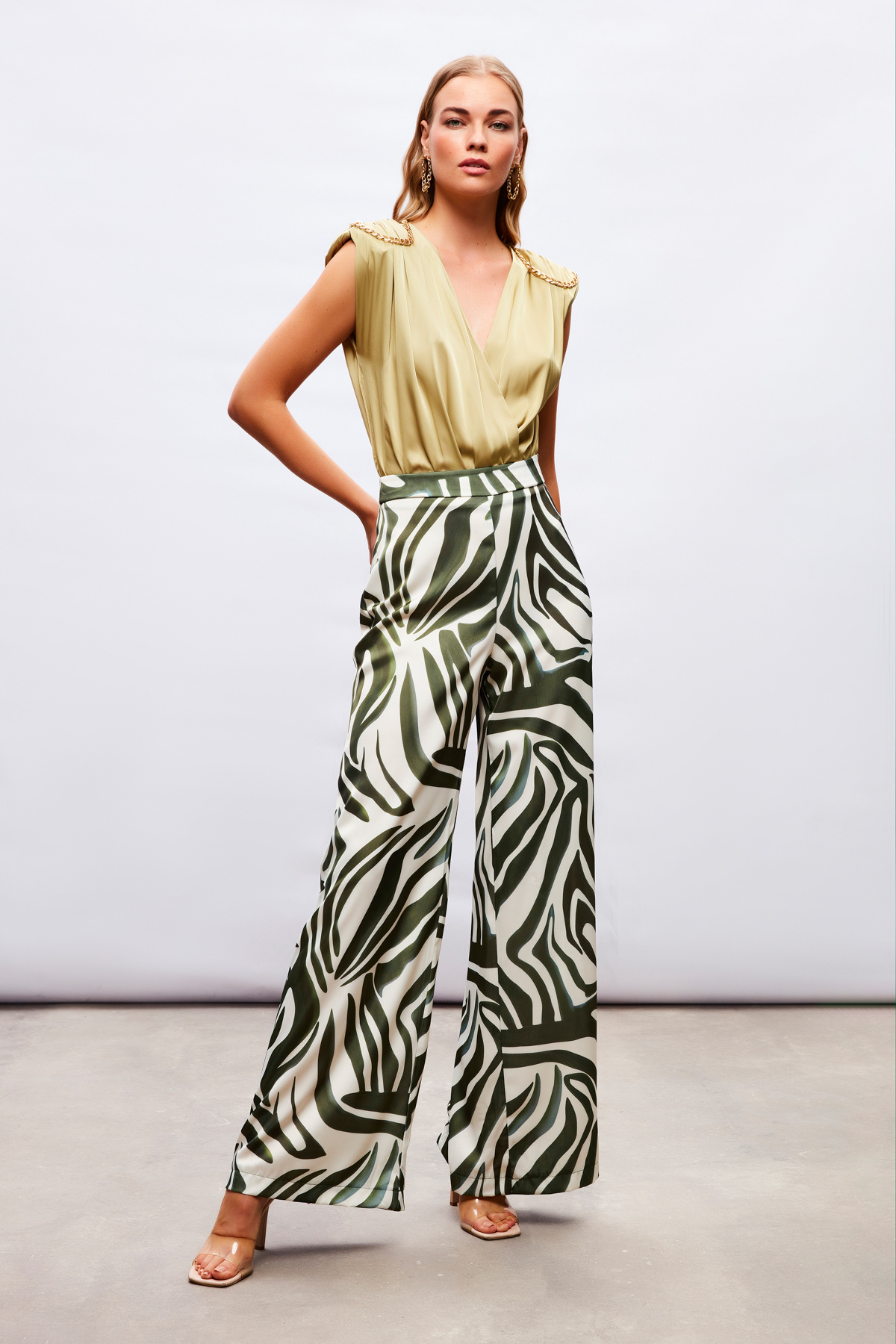 Desenli Saten Pantolon - YEŞİL