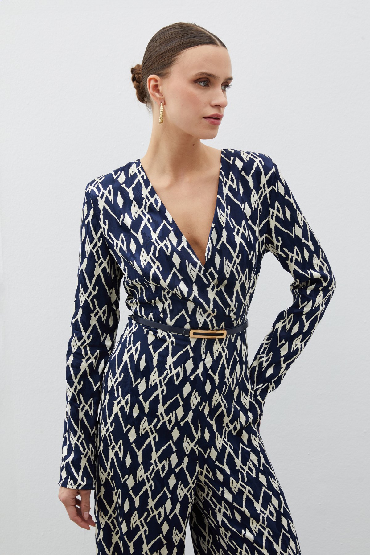 Patterned Satin Jumpsuit - BLUE