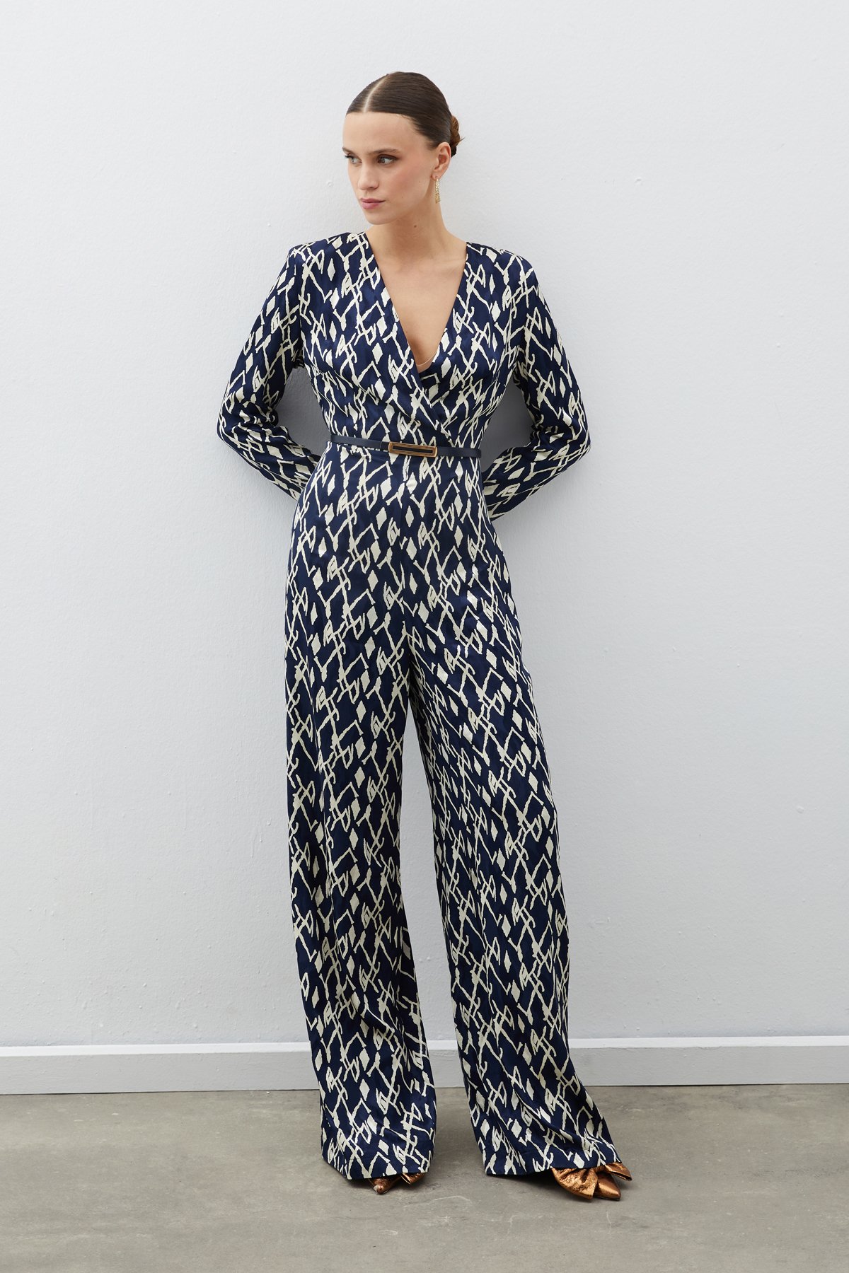 Patterned Satin Jumpsuit - BLUE