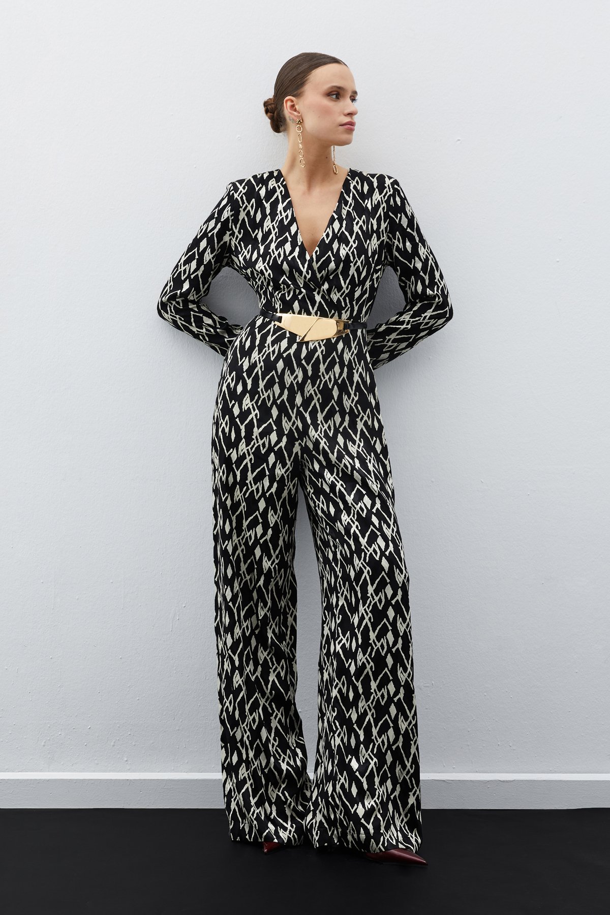 Patterned Satin Jumpsuit - BLACK