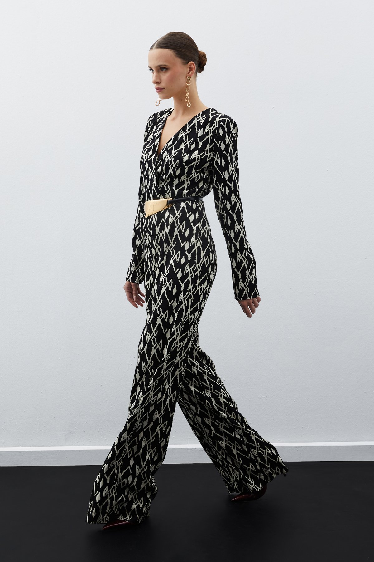 Patterned Satin Jumpsuit - BLACK