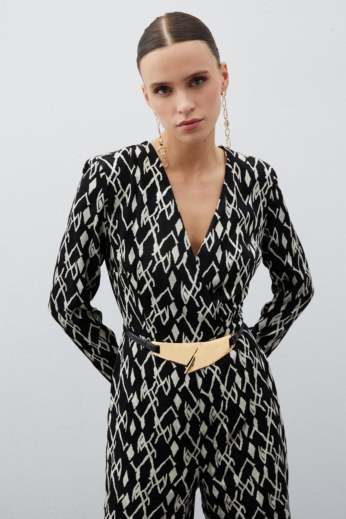 Patterned Satin Jumpsuit - BLACK