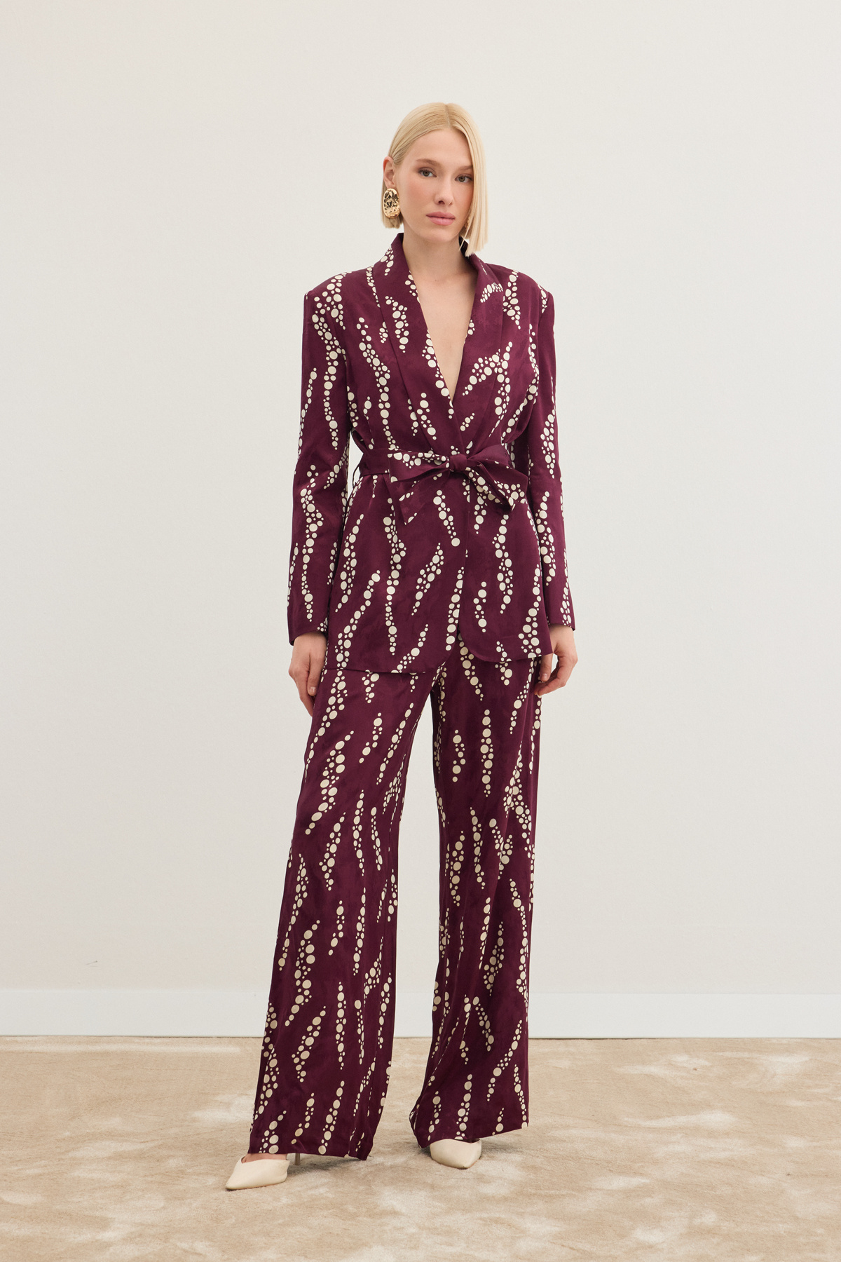 Desenli Uzun Ceket - Bordo