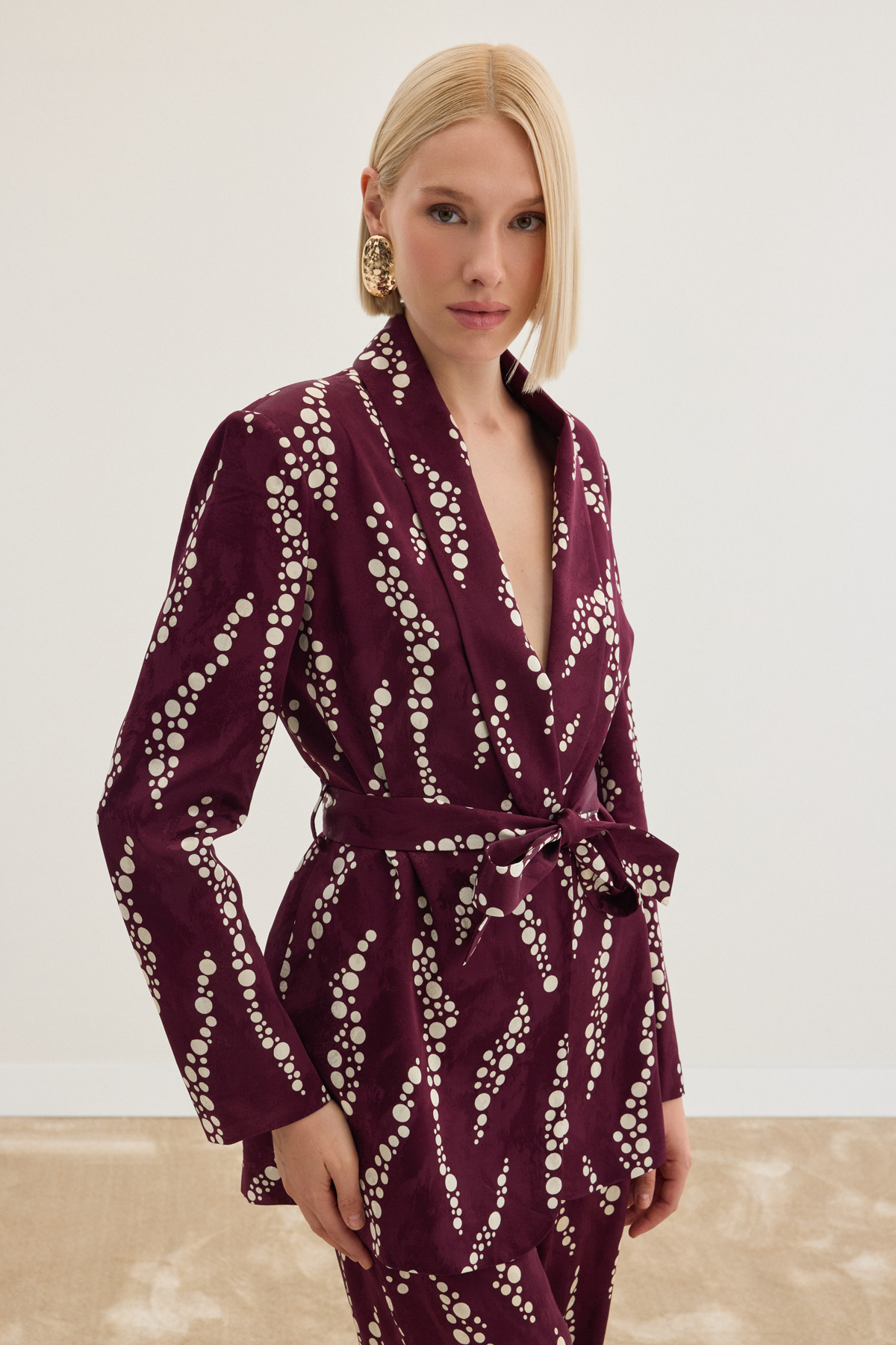 Desenli Uzun Ceket - Bordo