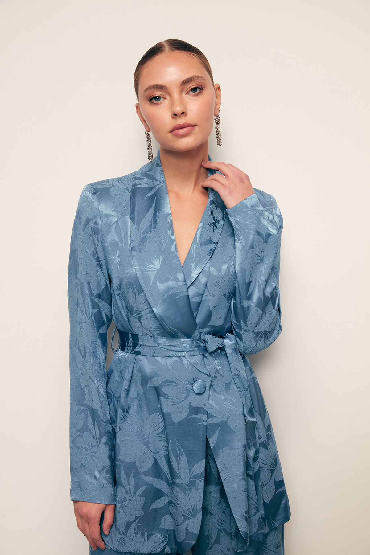 Desenli Uzun Ceket - İNDİGO