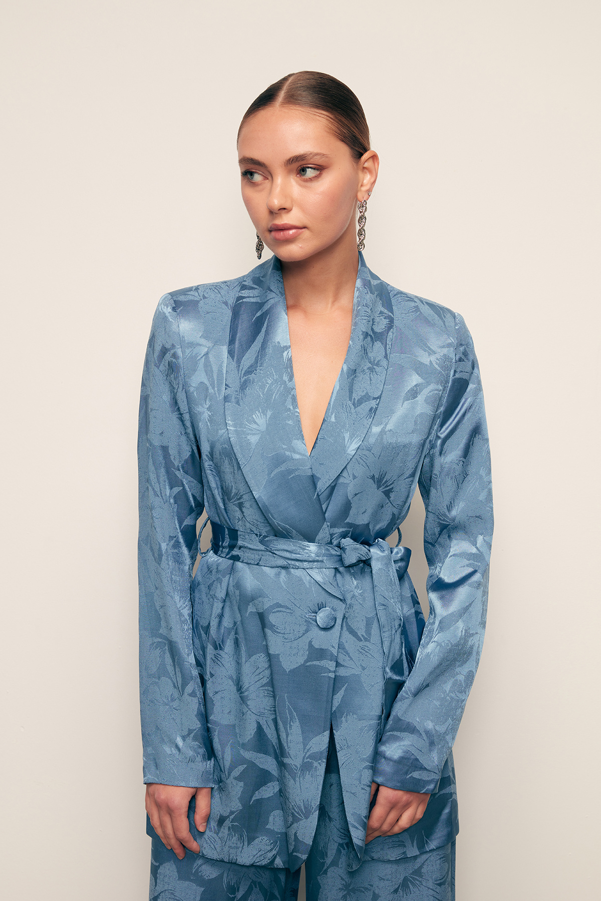 Desenli Uzun Ceket - İNDİGO