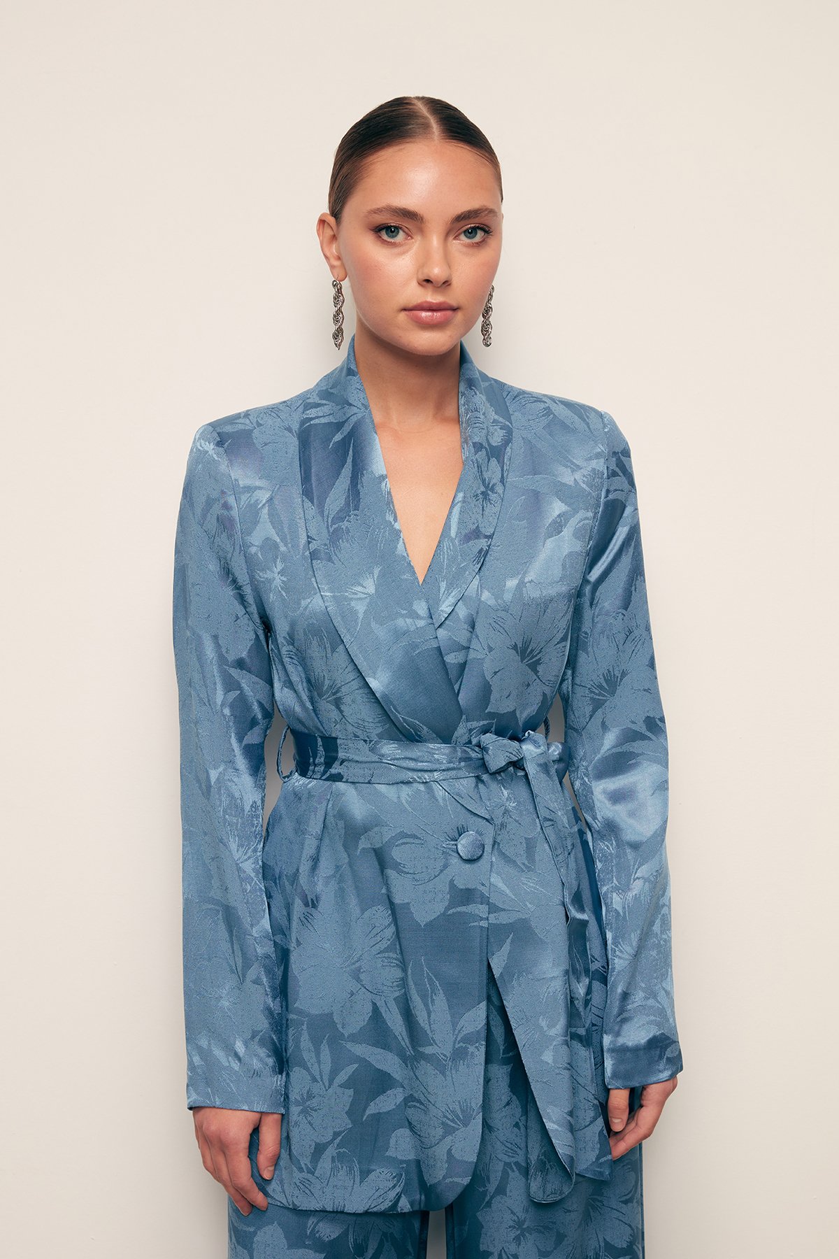 Desenli Uzun Ceket - İNDİGO