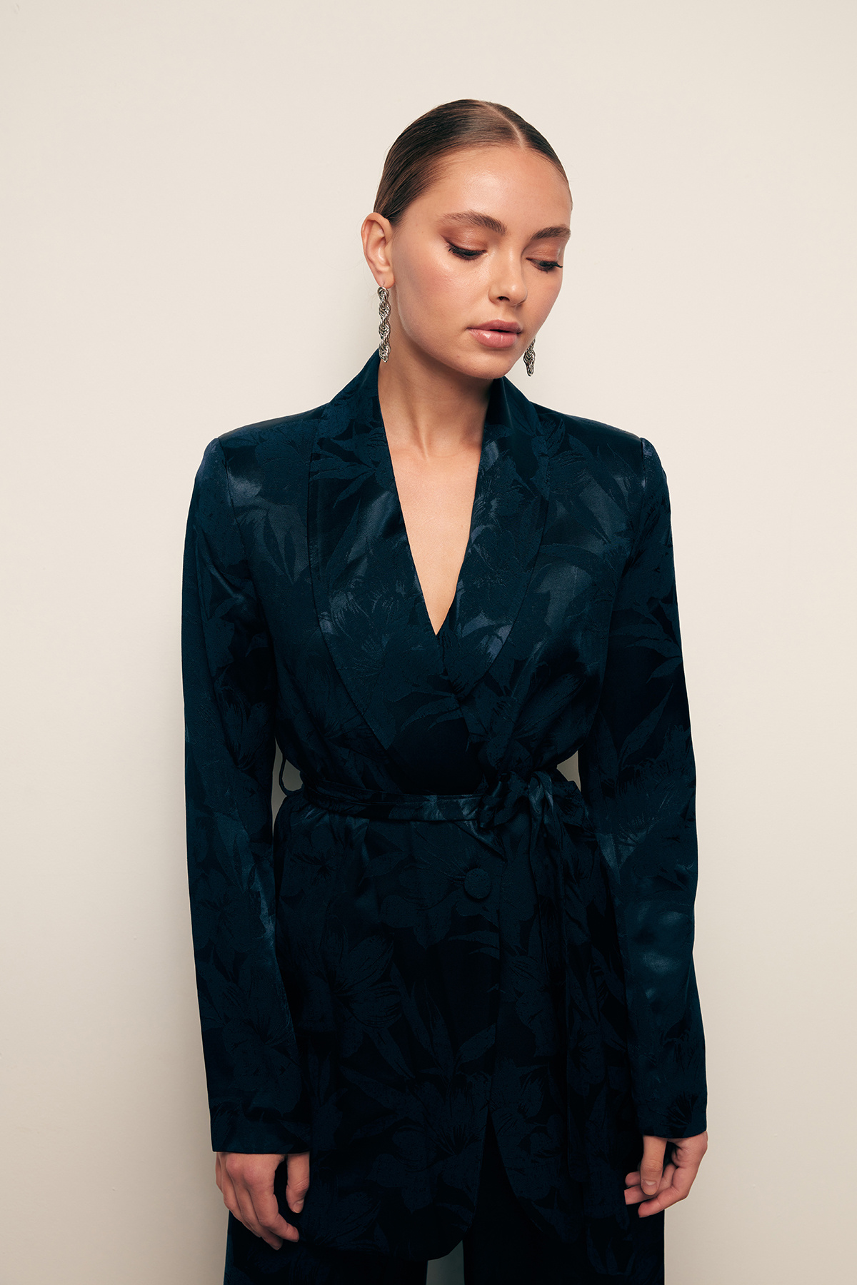 Desenli Uzun Ceket - LACİVERT