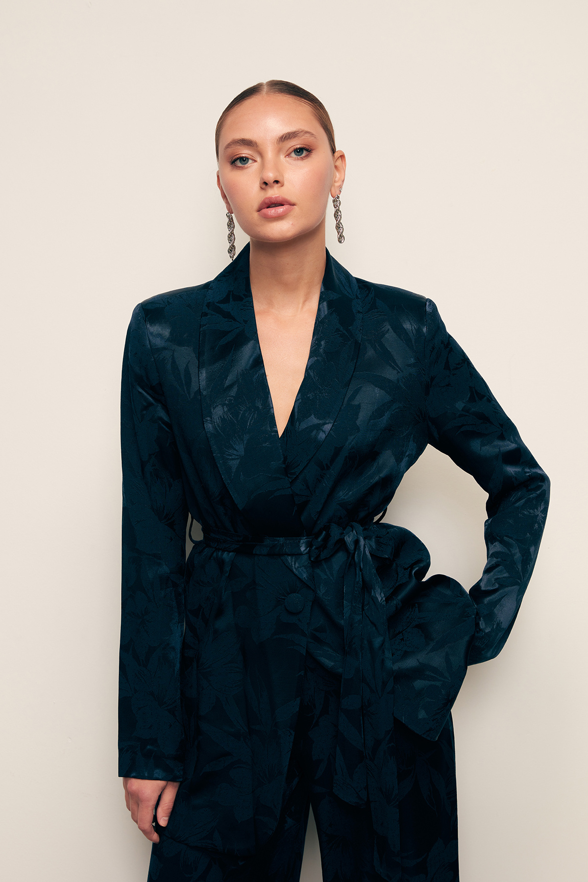 Desenli Uzun Ceket - LACİVERT