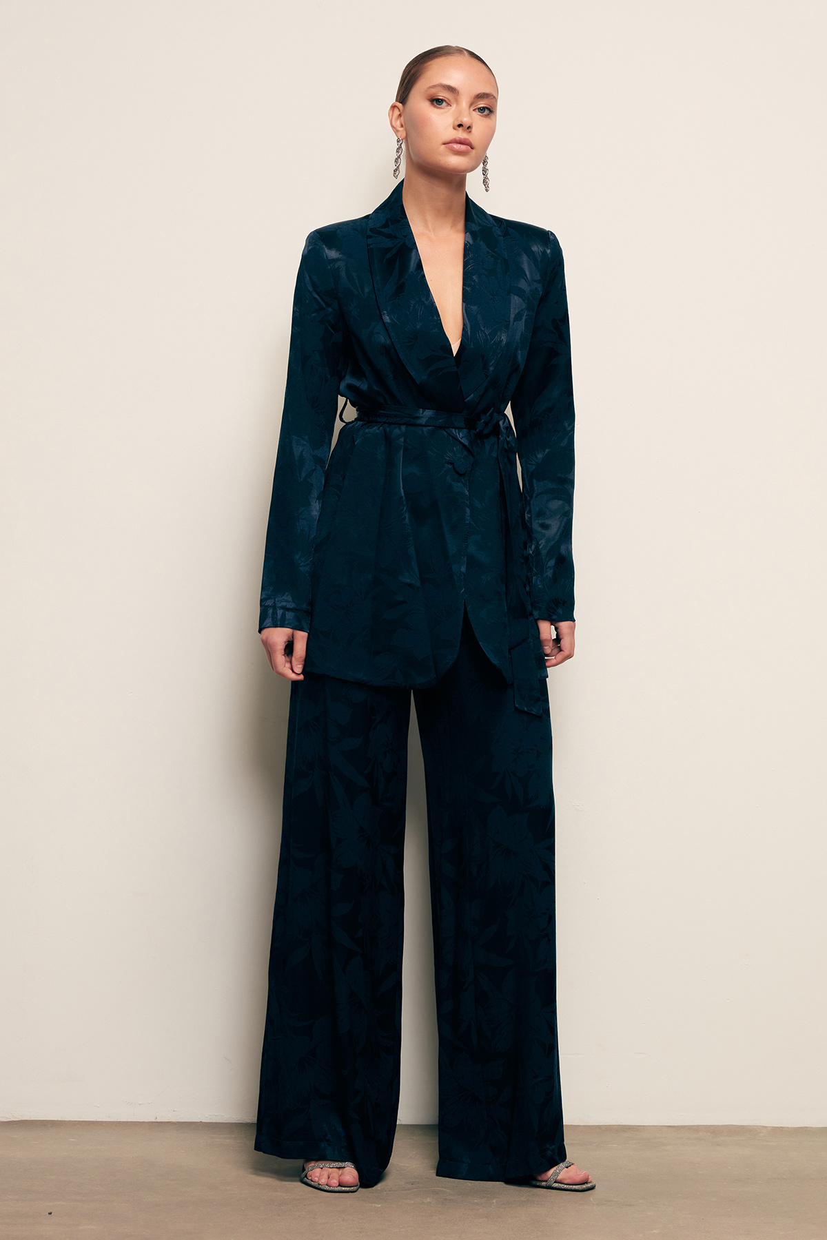 Desenli Uzun Ceket - LACİVERT