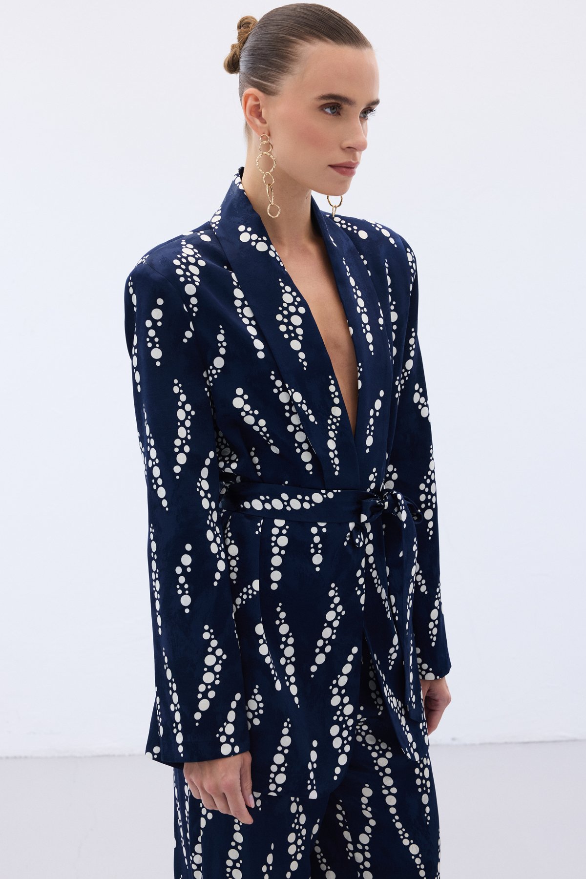 Desenli Uzun Ceket - Lacivert