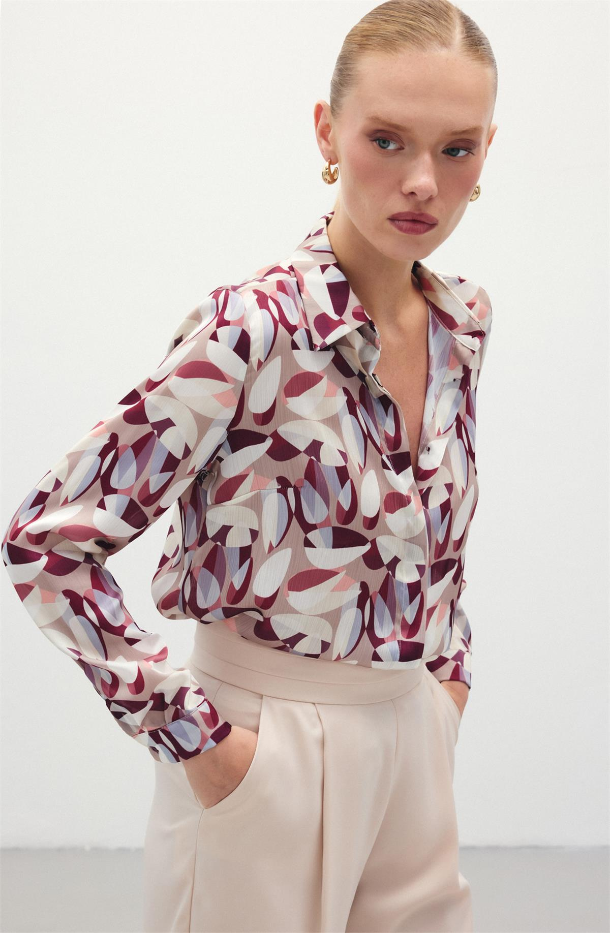 Desenli Uzun Gömlek - Bordo