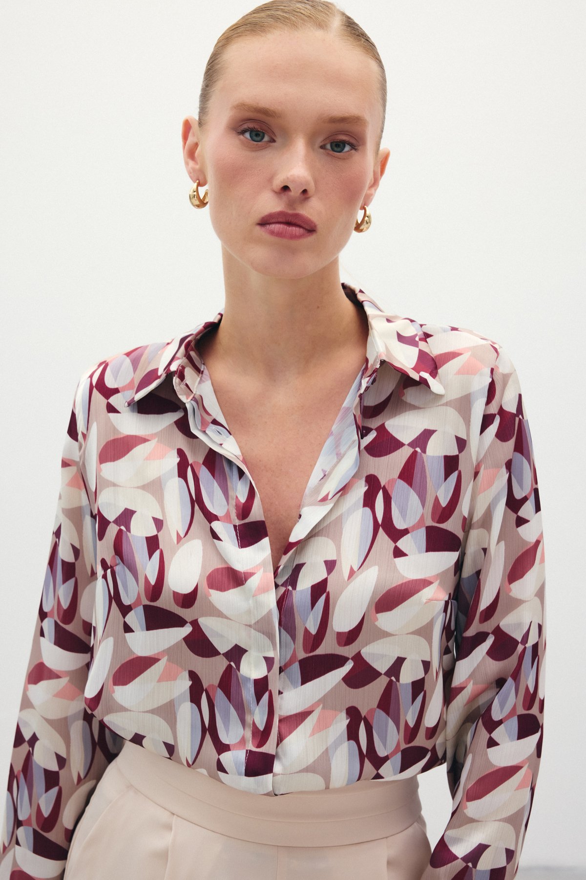 Desenli Uzun Gömlek - Bordo