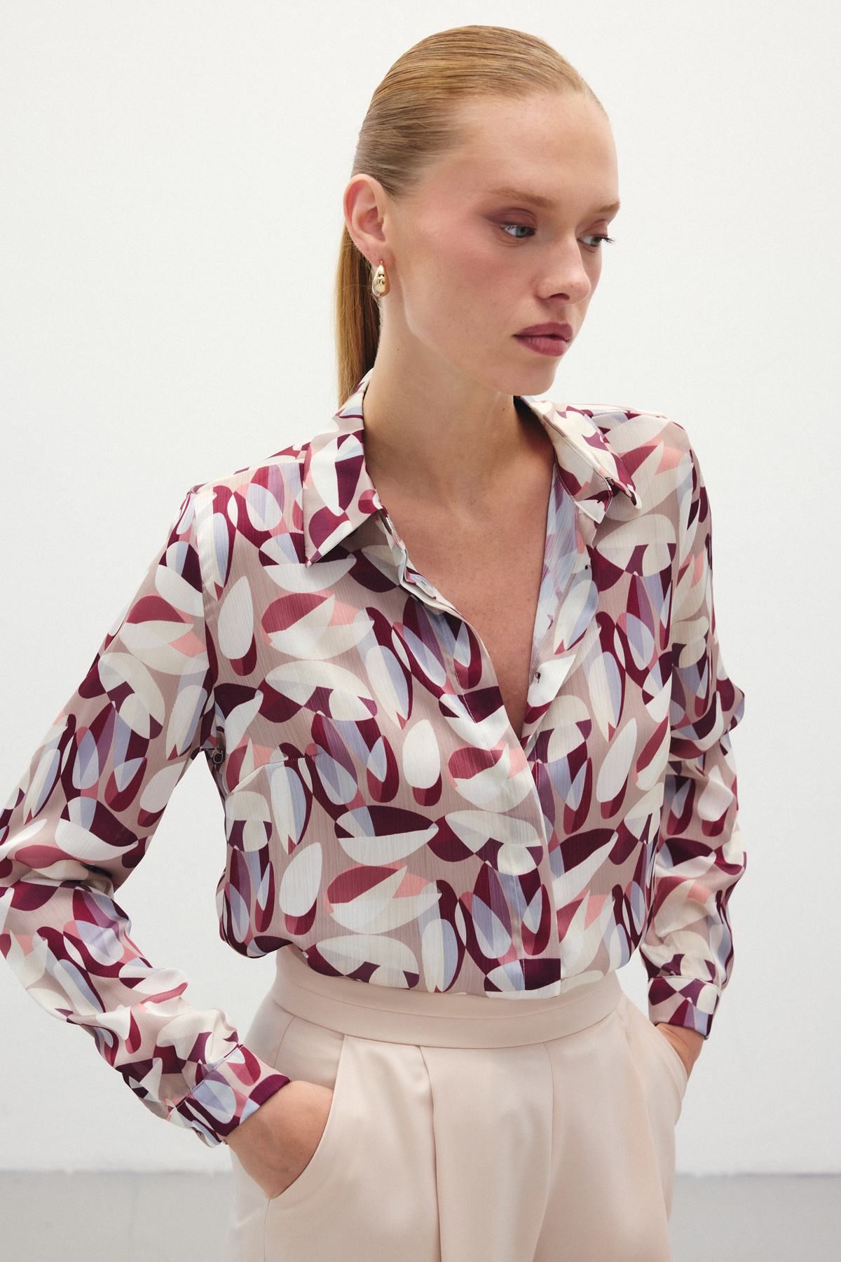 Desenli Uzun Gömlek - Bordo