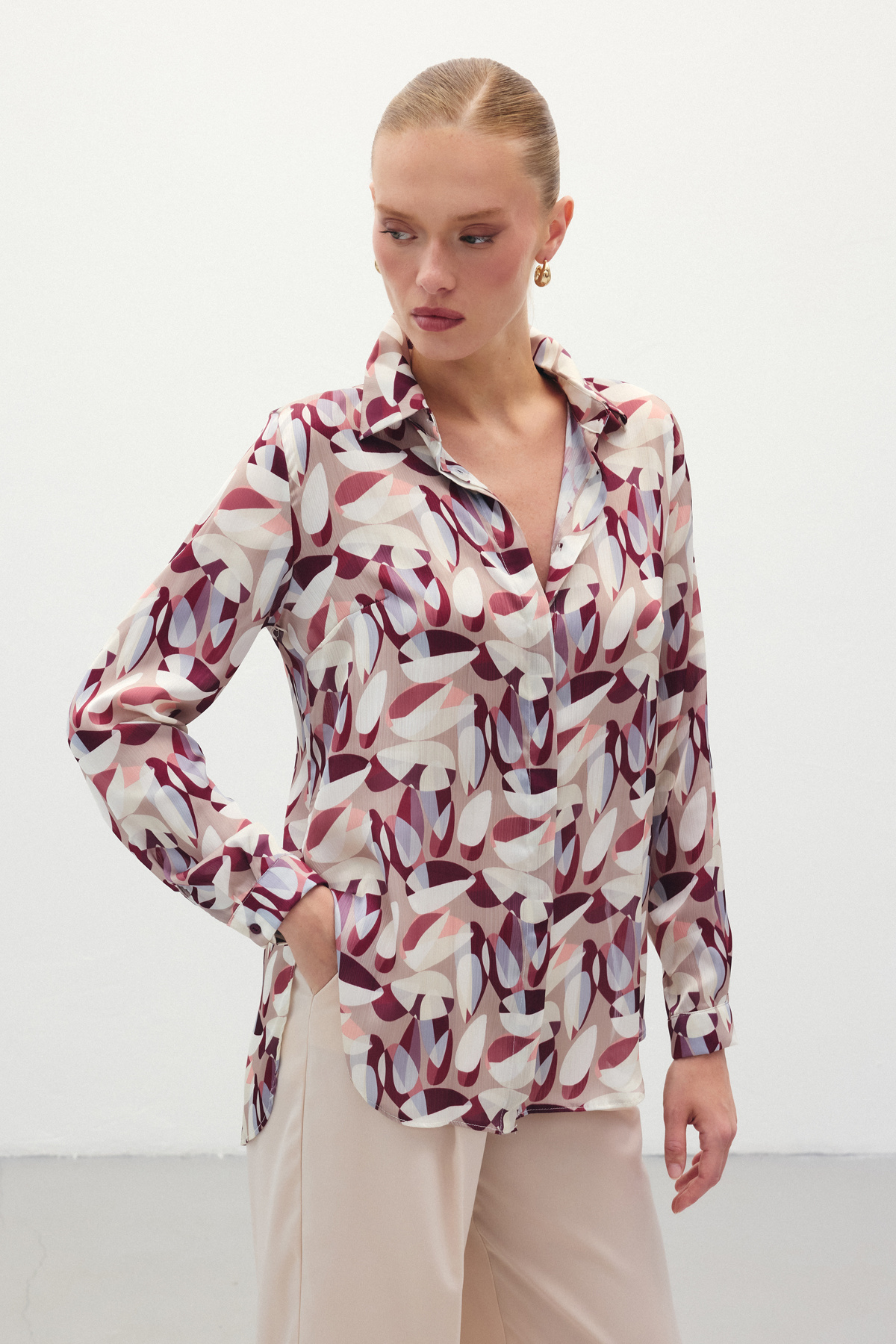 Desenli Uzun Gömlek - Bordo