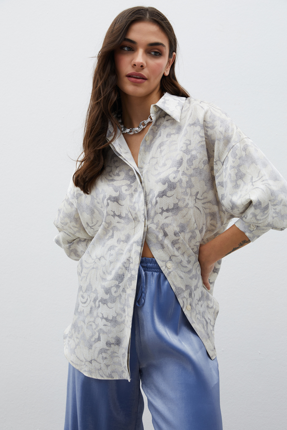 Desenli Uzun Gömlek - GRİ