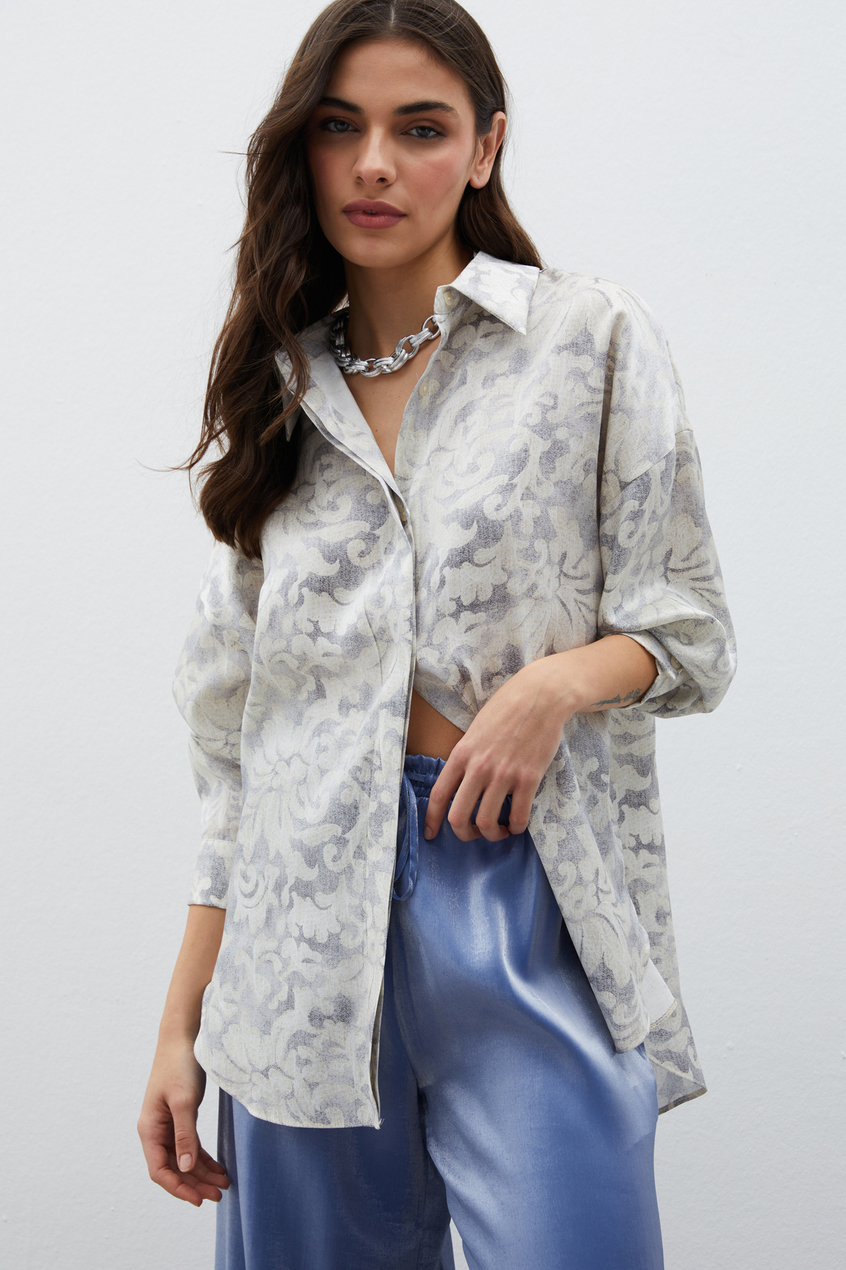 Desenli Uzun Gömlek - GRİ