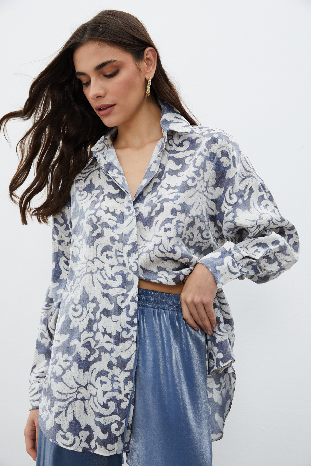 Desenli Uzun Gömlek - İNDİGO