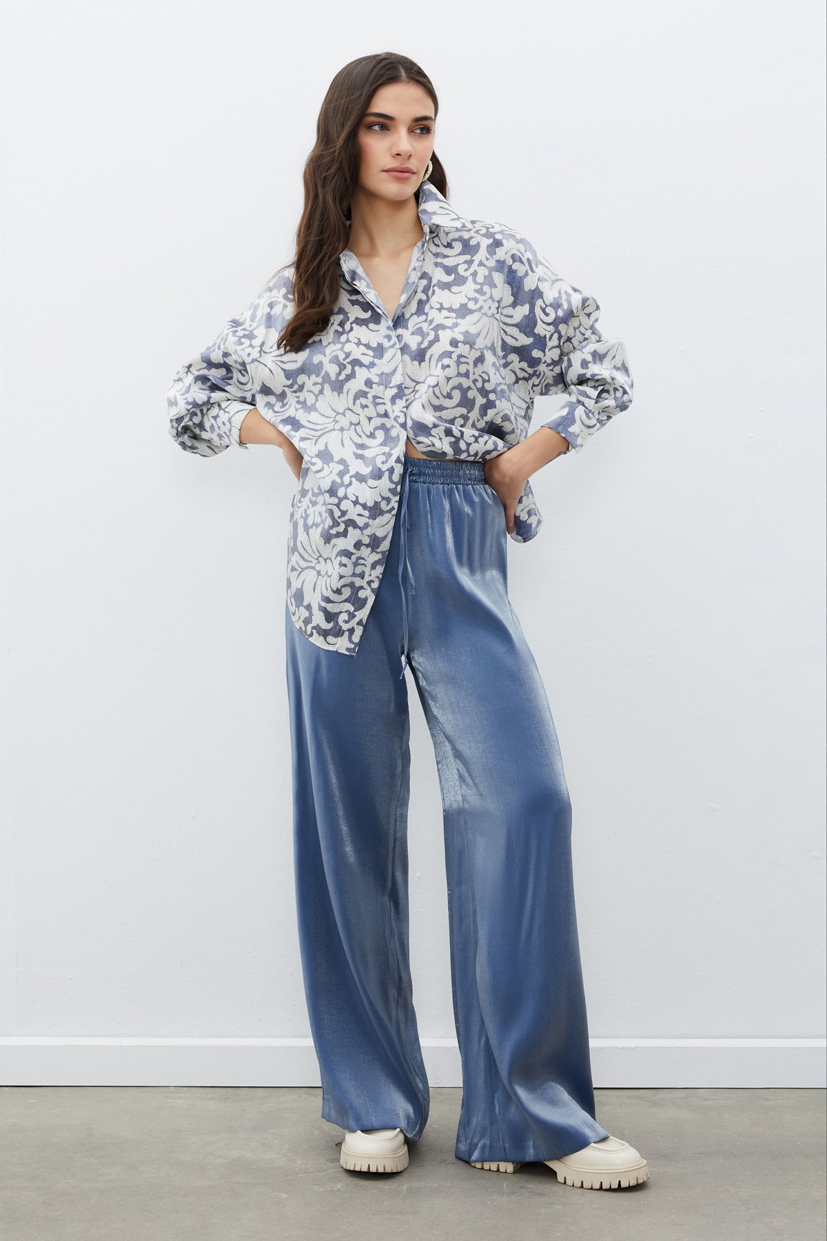 Desenli Uzun Gömlek - İNDİGO