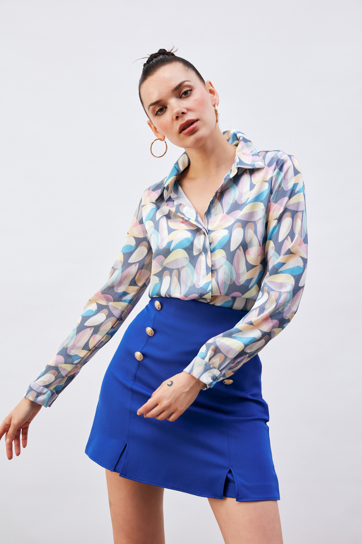 Desenli uzun gömlek - İNDİGO