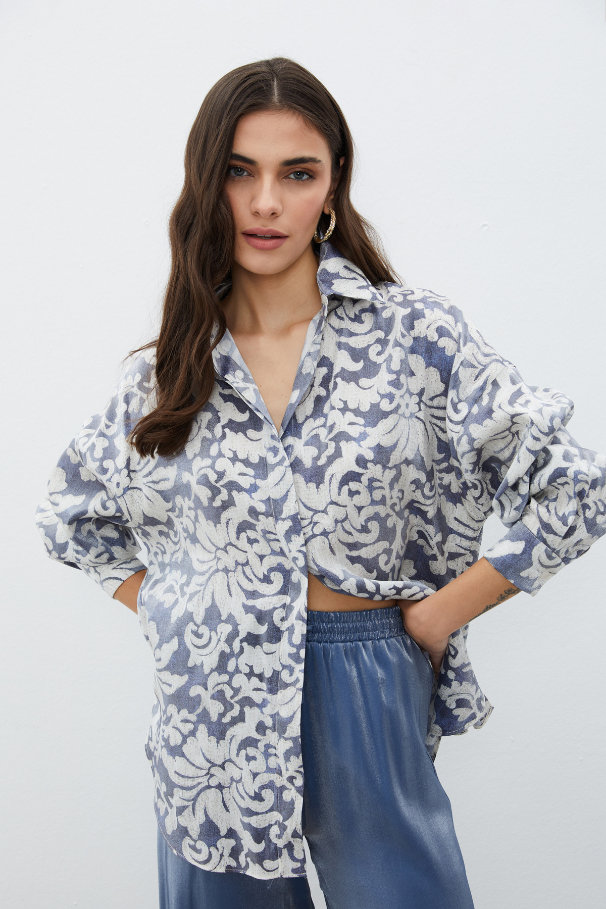 Desenli Uzun Gömlek - İNDİGO