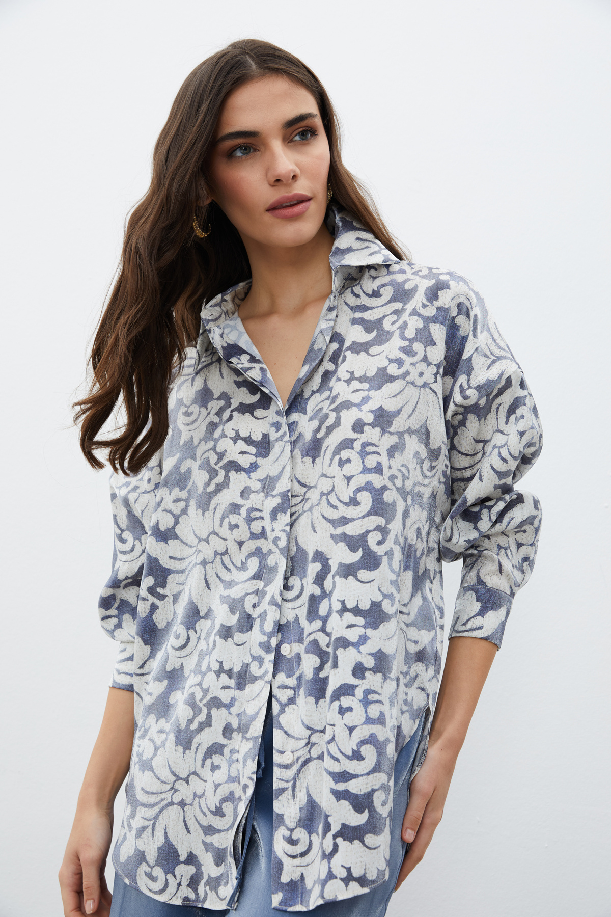 Desenli Uzun Gömlek - İNDİGO