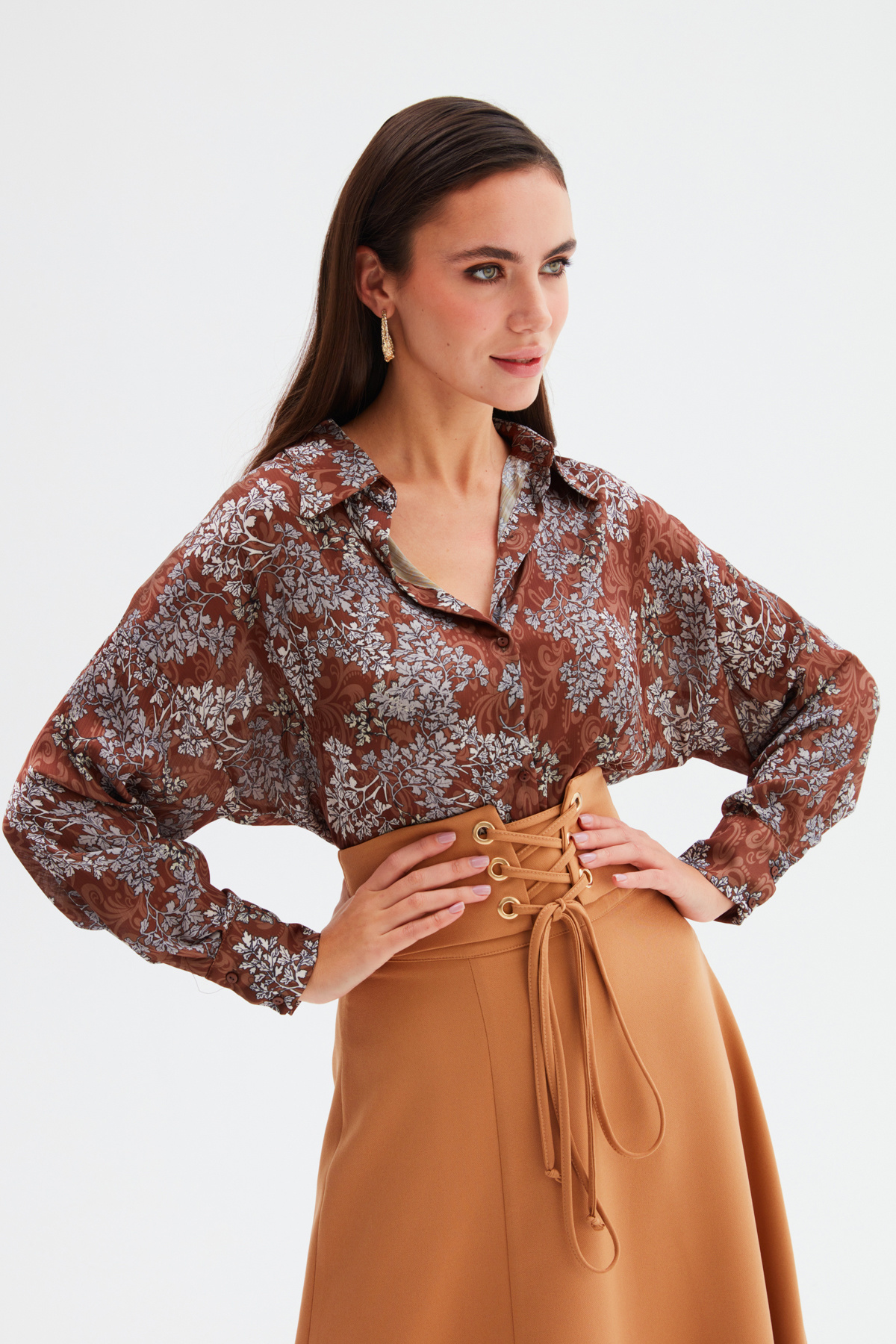 Patterned Long Shirt - BROWN