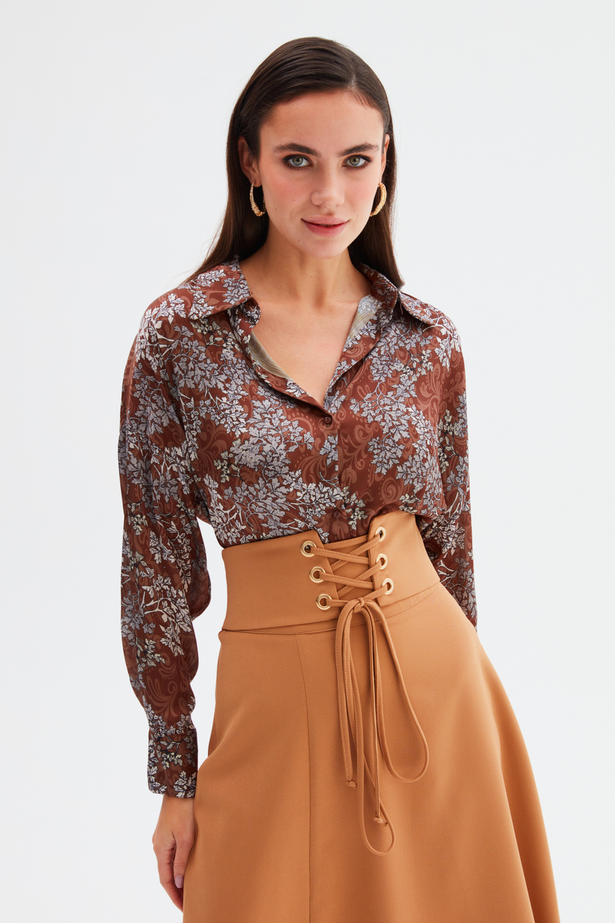 Patterned Long Shirt - BROWN