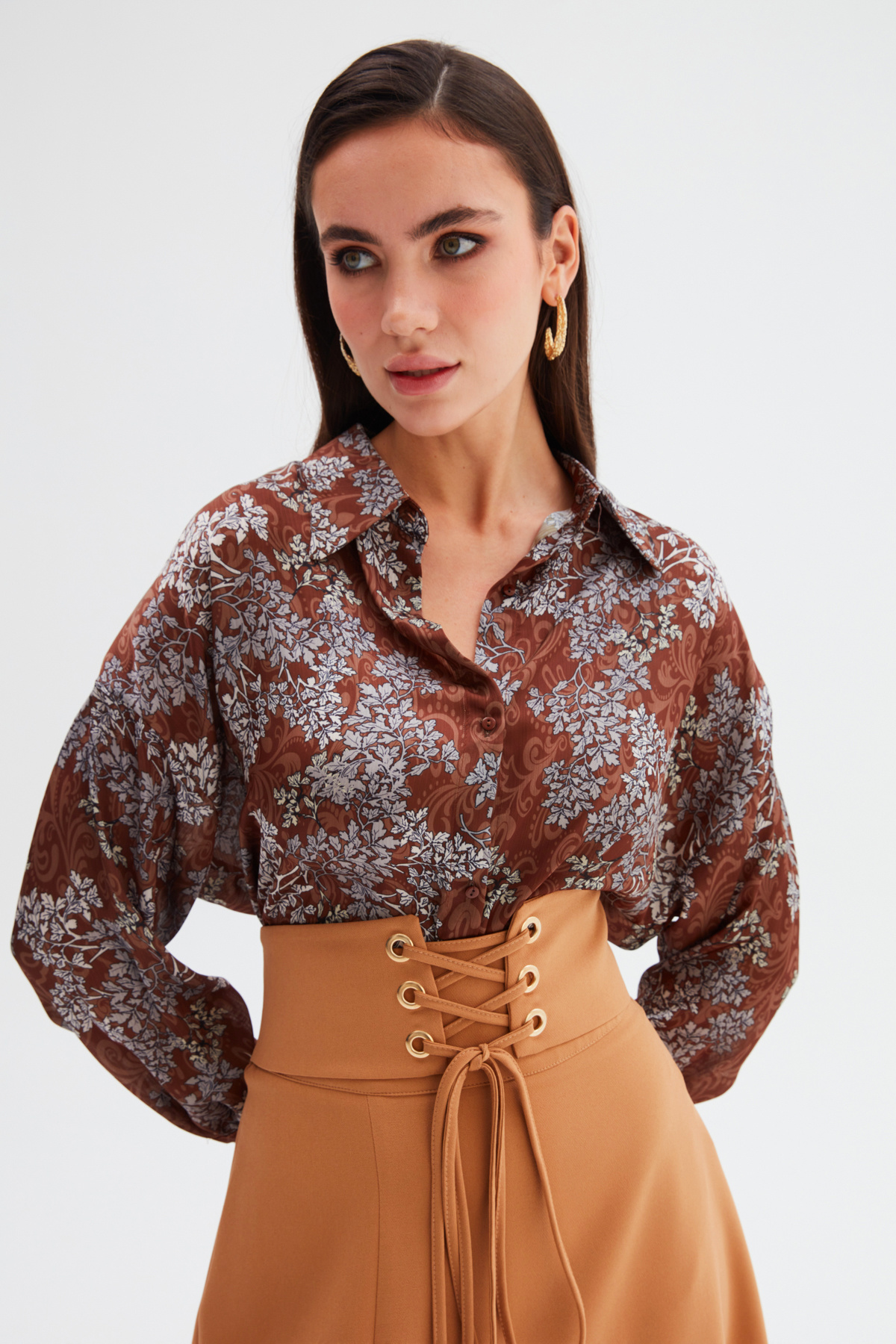 Patterned Long Shirt - BROWN