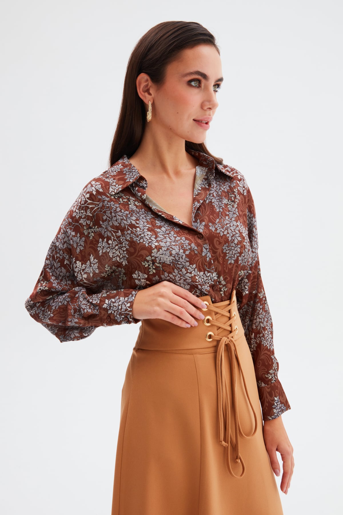 Patterned Long Shirt - BROWN