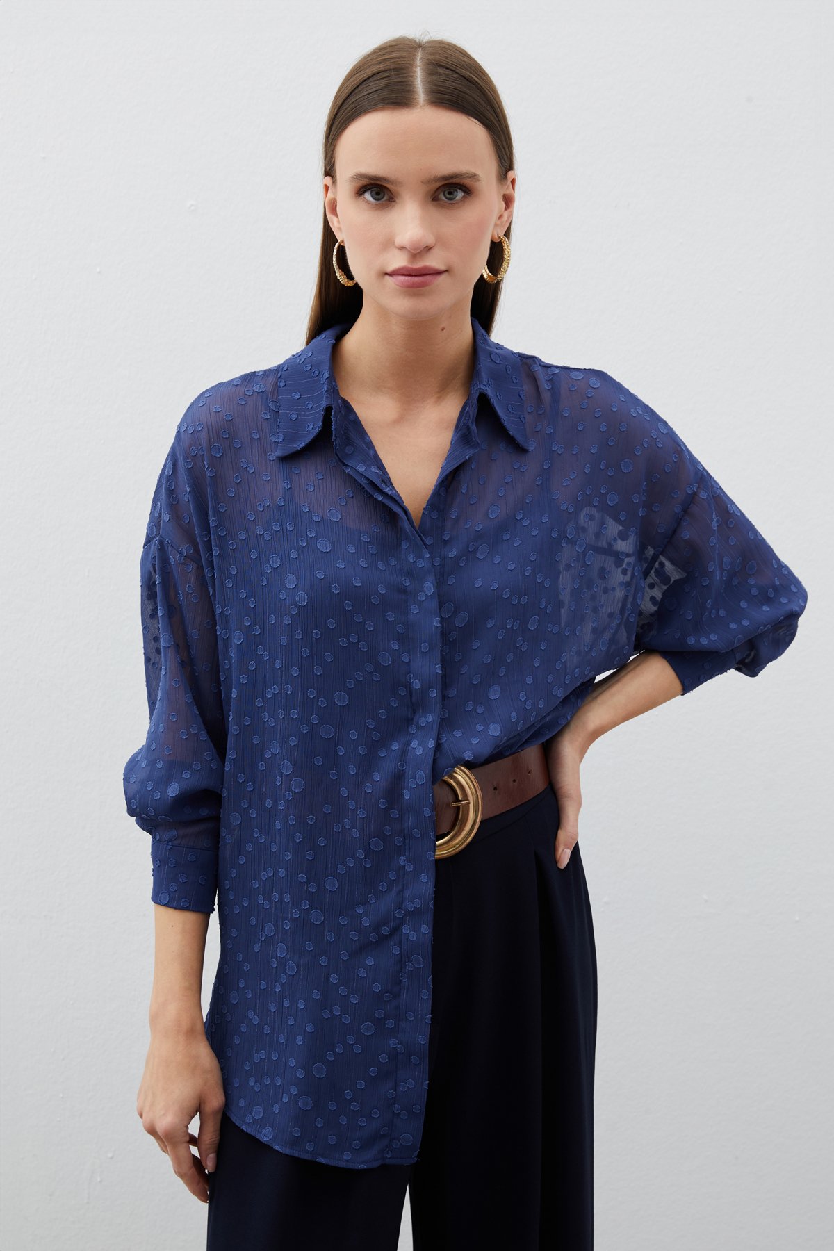 Desenli Uzun Gömlek - LACİVERT