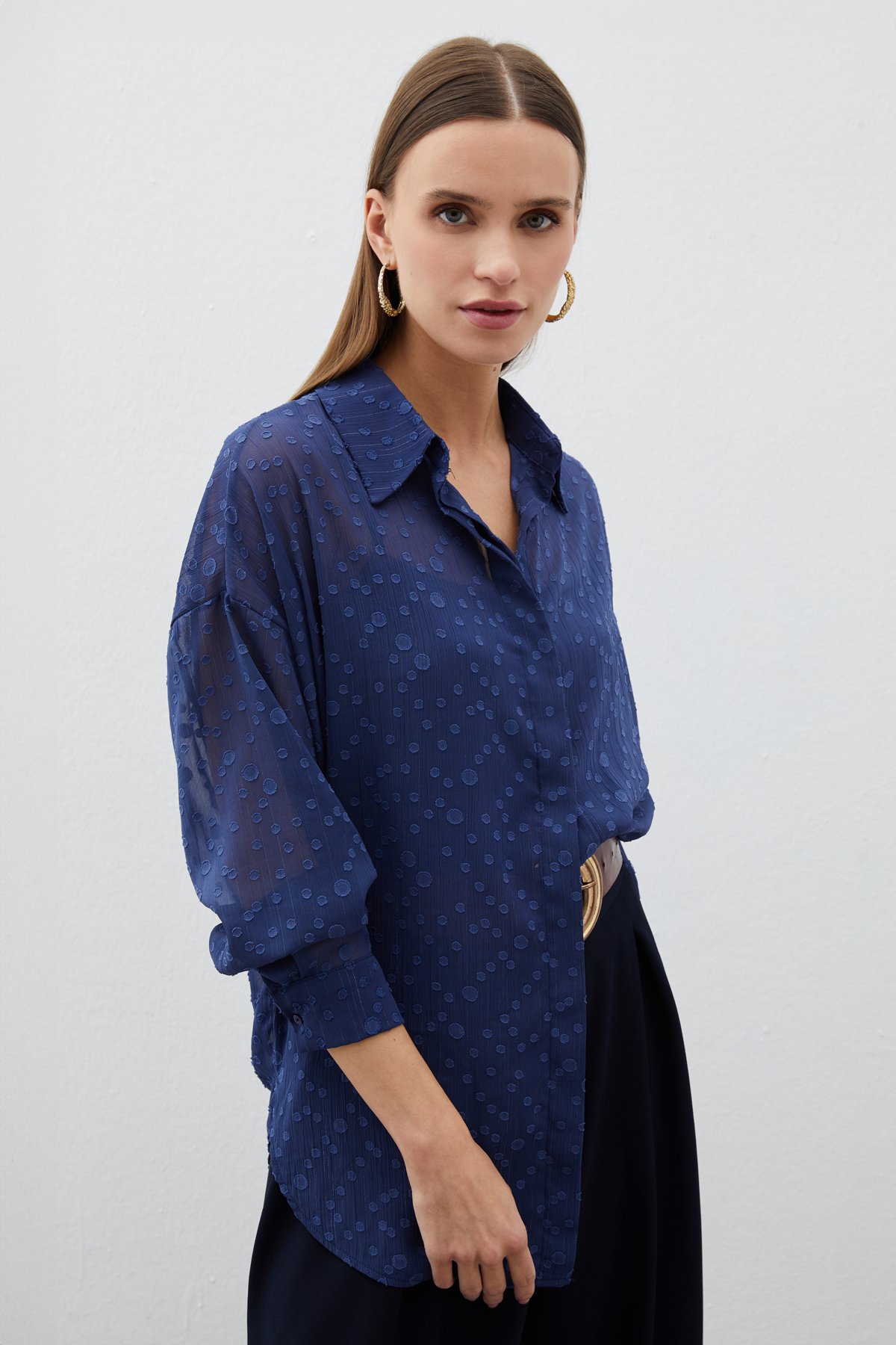 Desenli Uzun Gömlek - LACİVERT