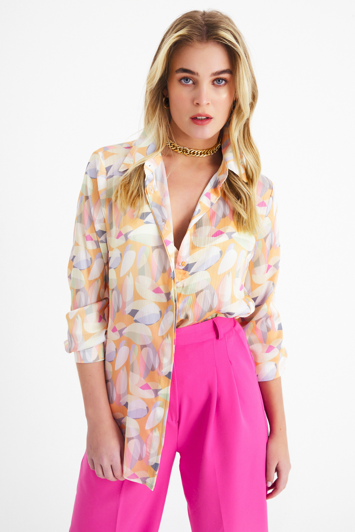 Desenli uzun gömlek - ORANJ