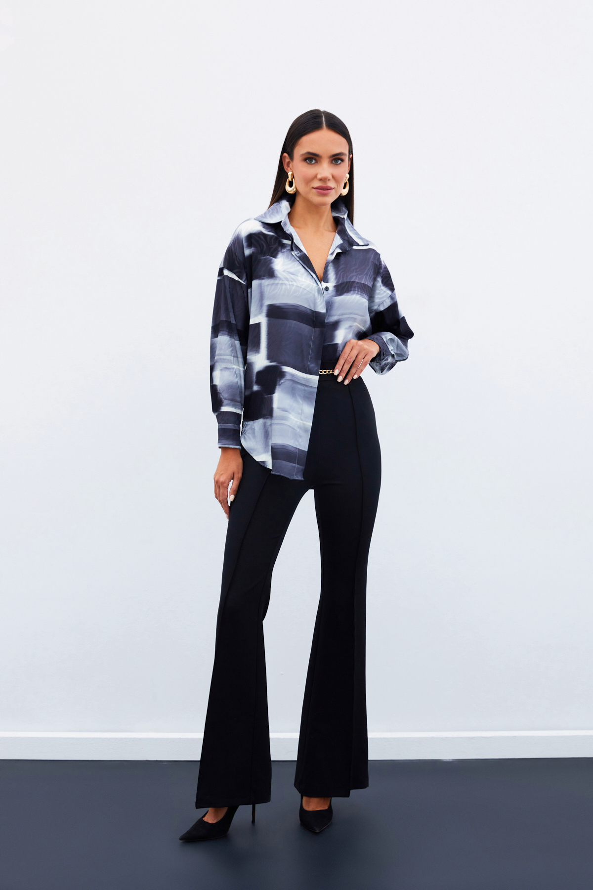 Desenli Uzun Gömlek - SİYAH