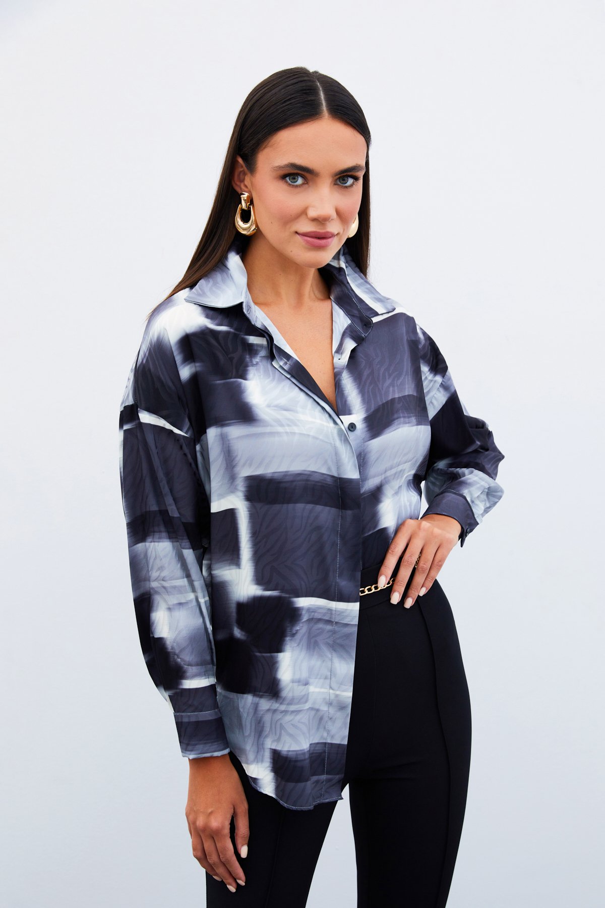 Desenli Uzun Gömlek - SİYAH