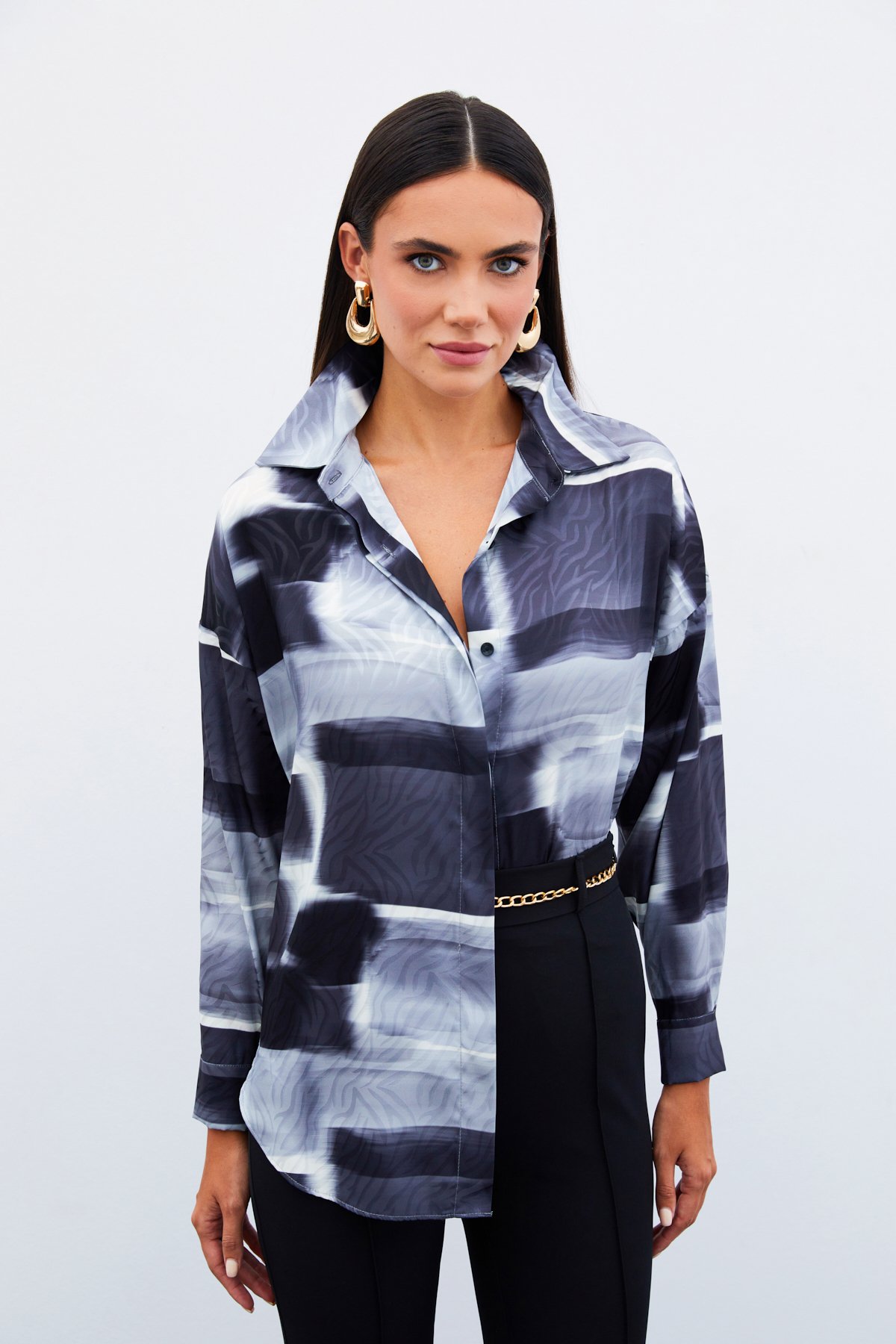 Desenli Uzun Gömlek - SİYAH