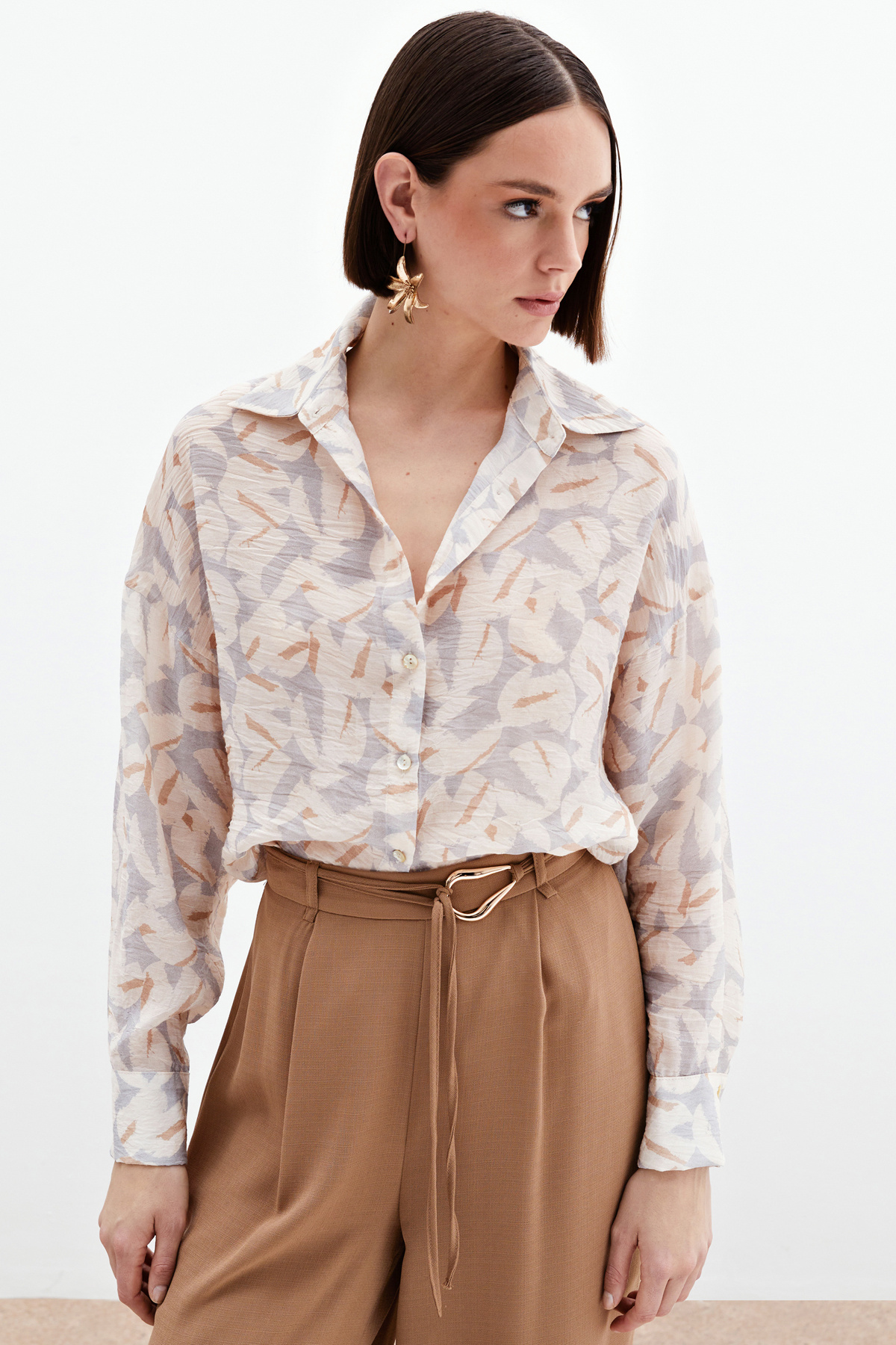 Desenli Viskon Gömlek - Gri