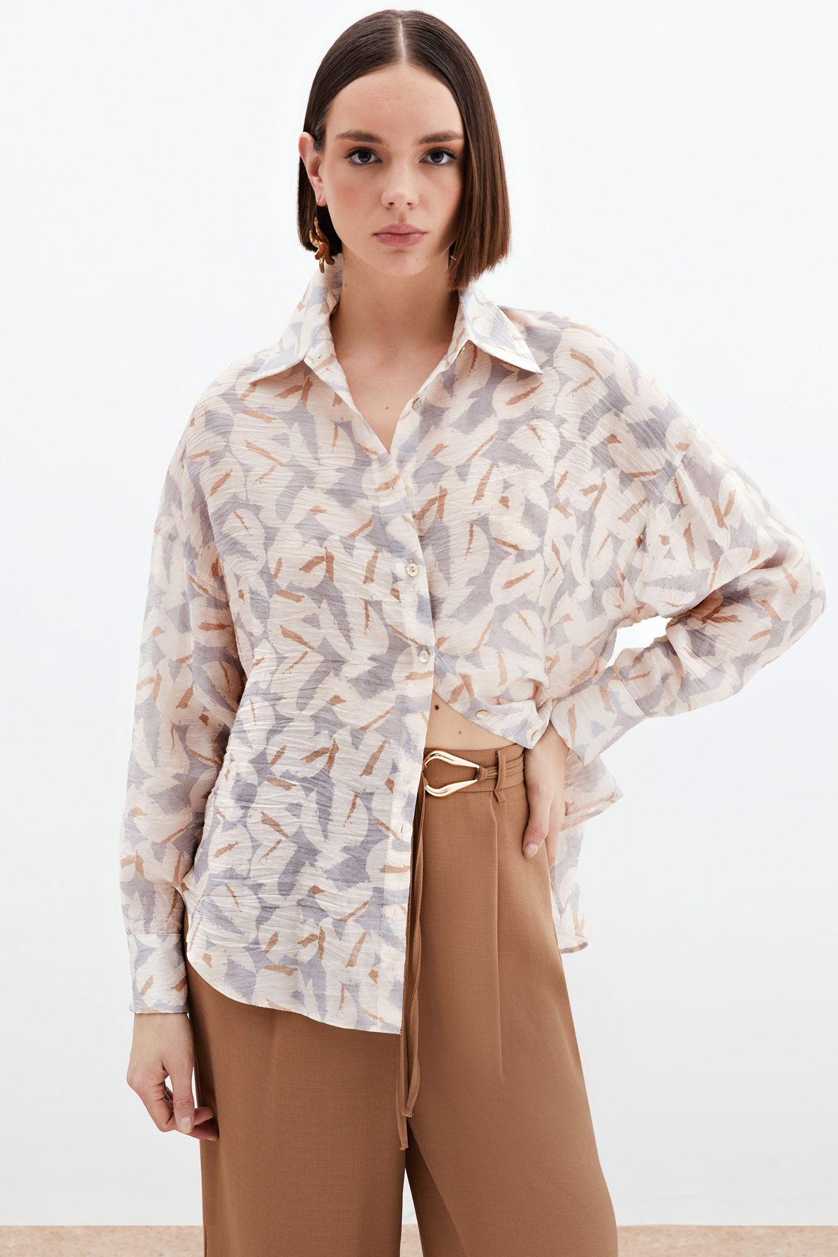 Desenli Viskon Gömlek - Gri