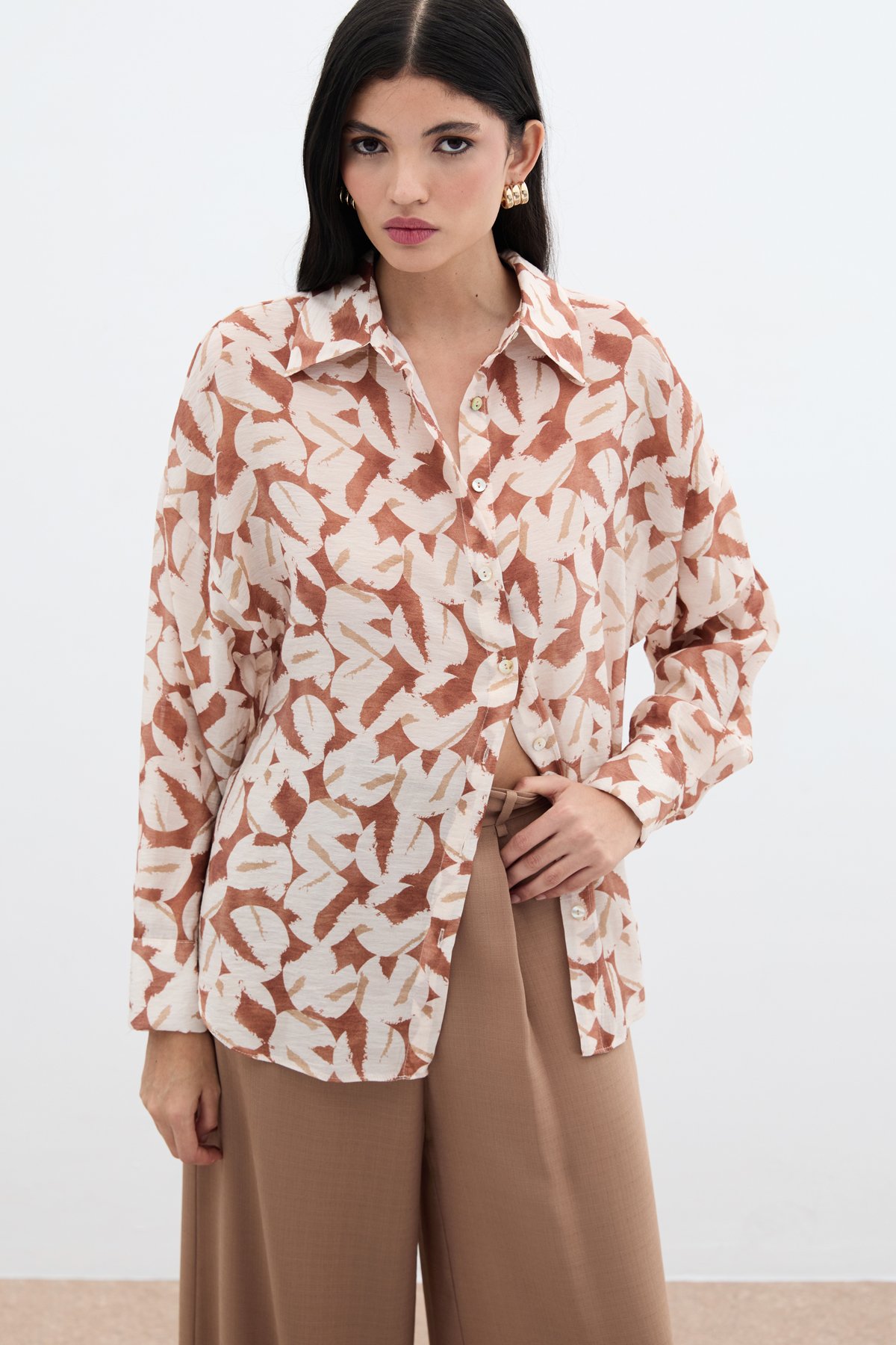 Desenli Viskon Gömlek - Kahve