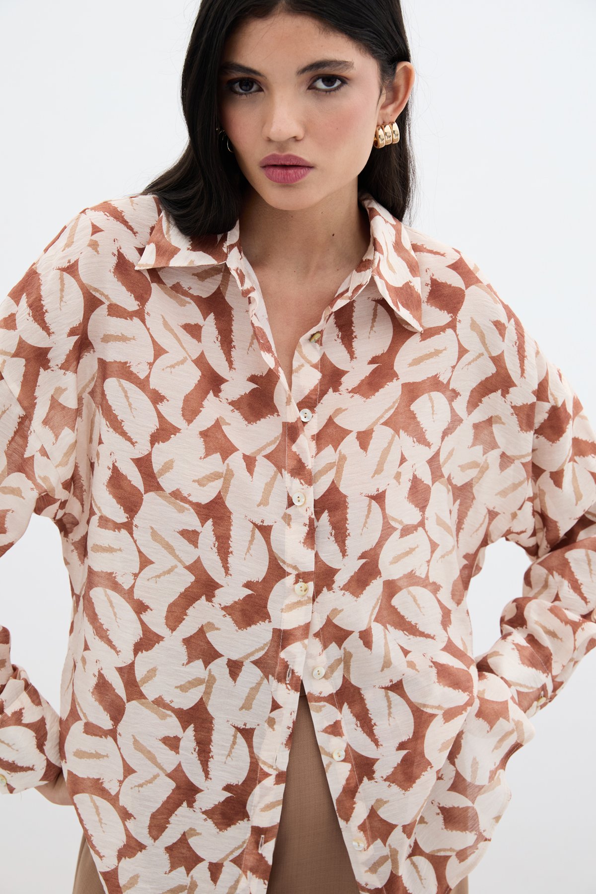 Desenli Viskon Gömlek - Kahve