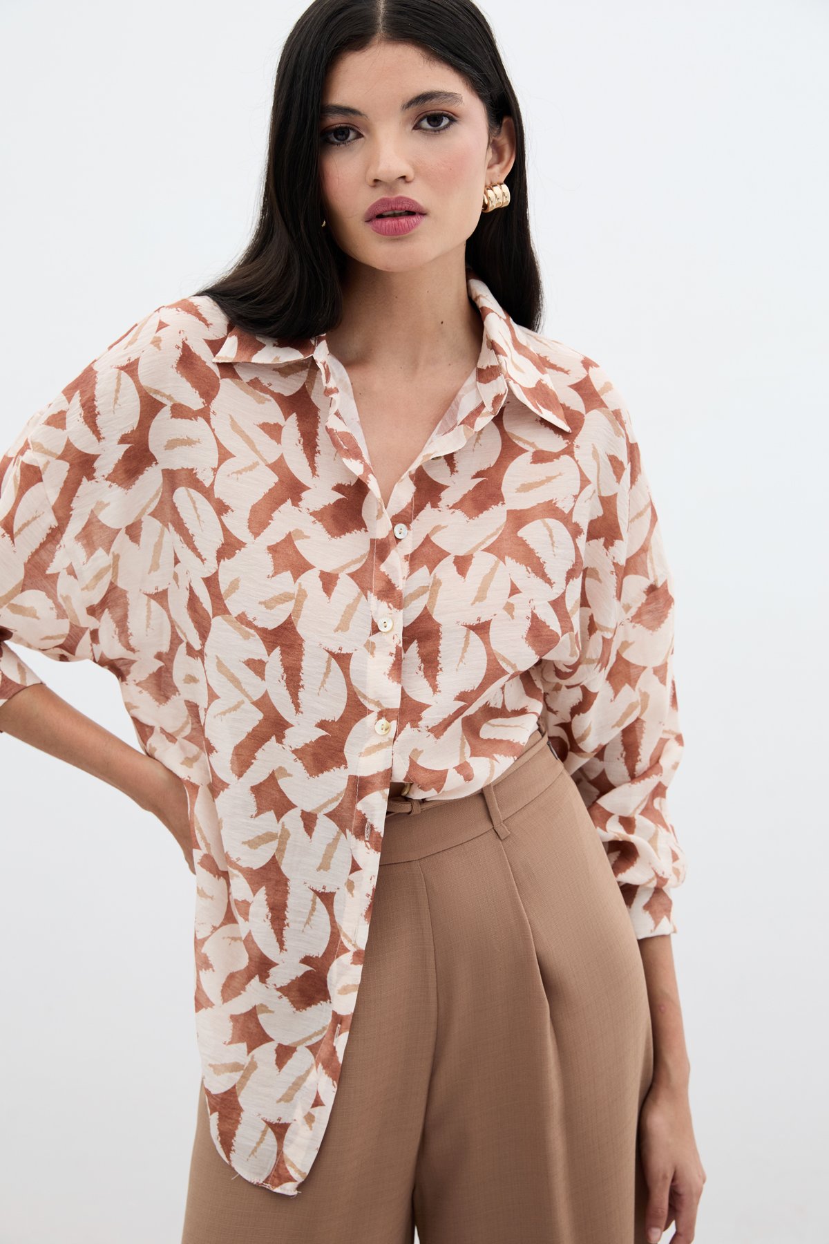 Desenli Viskon Gömlek - Kahve