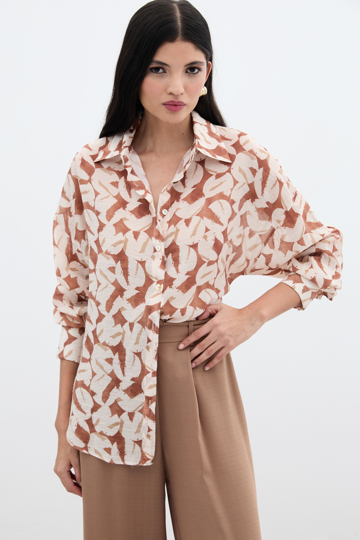 Desenli Viskon Gömlek - Kahve
