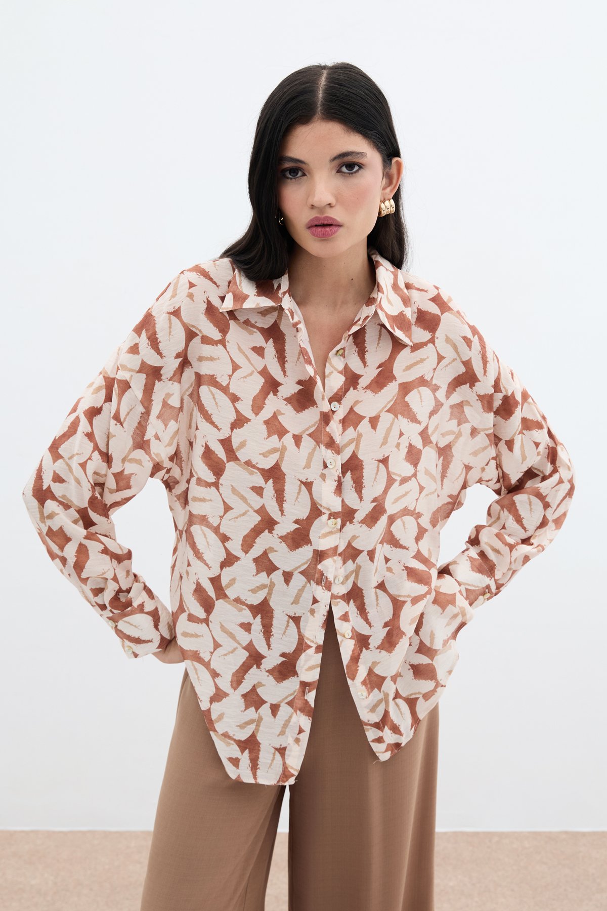 Desenli Viskon Gömlek - Kahve