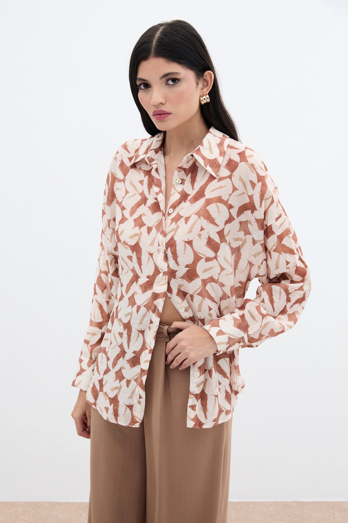 Desenli Viskon Gömlek - Kahve