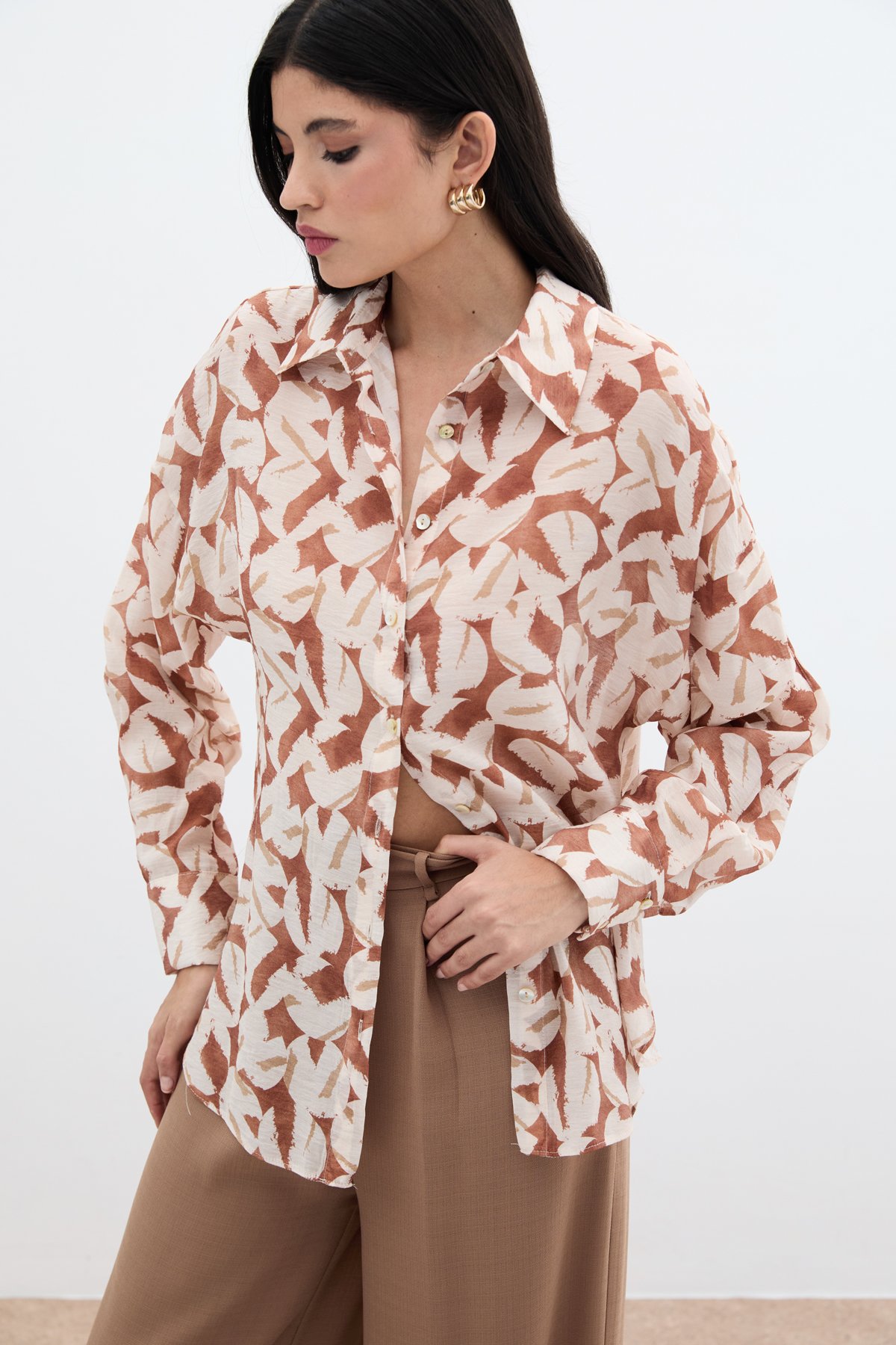 Desenli Viskon Gömlek - Kahve