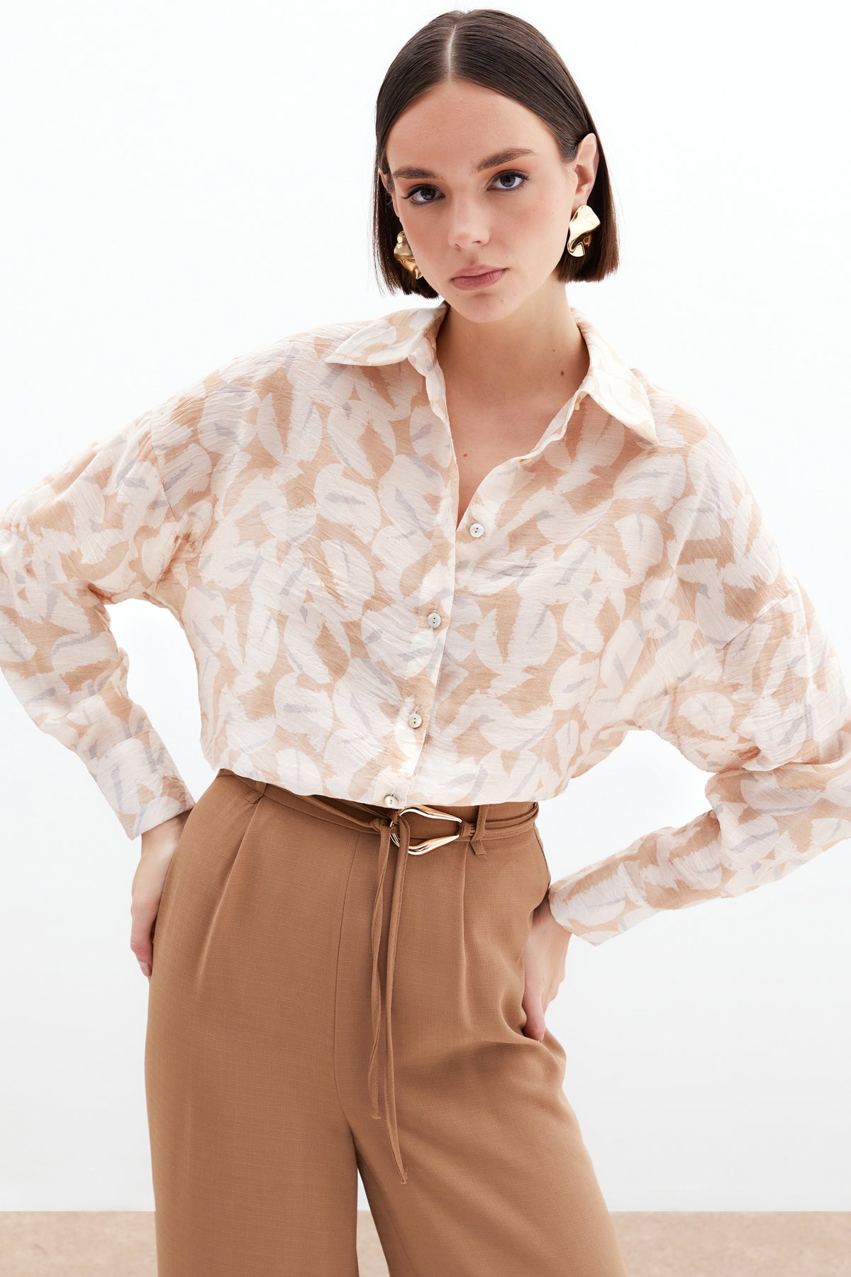 Desenli Viskon Gömlek - Taş