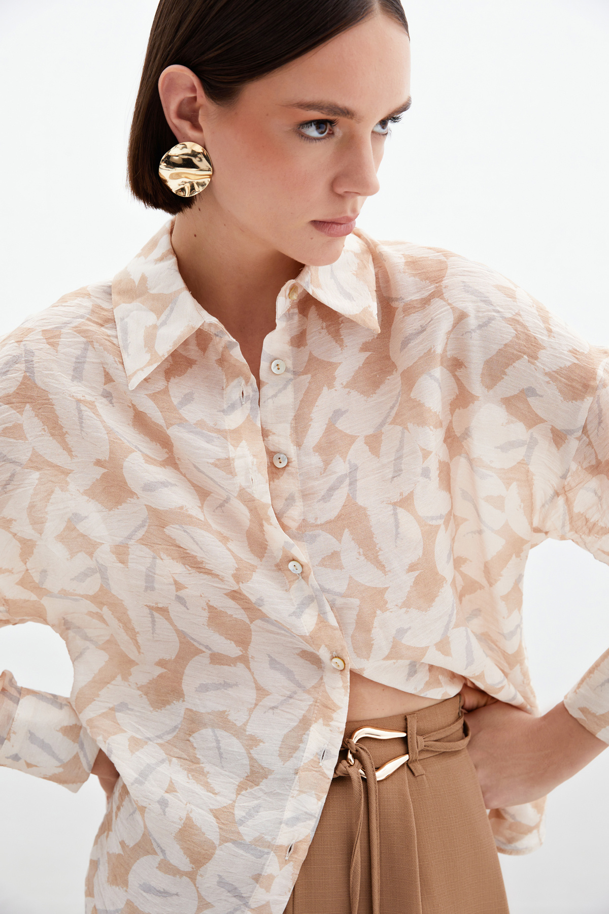 Desenli Viskon Gömlek - Taş