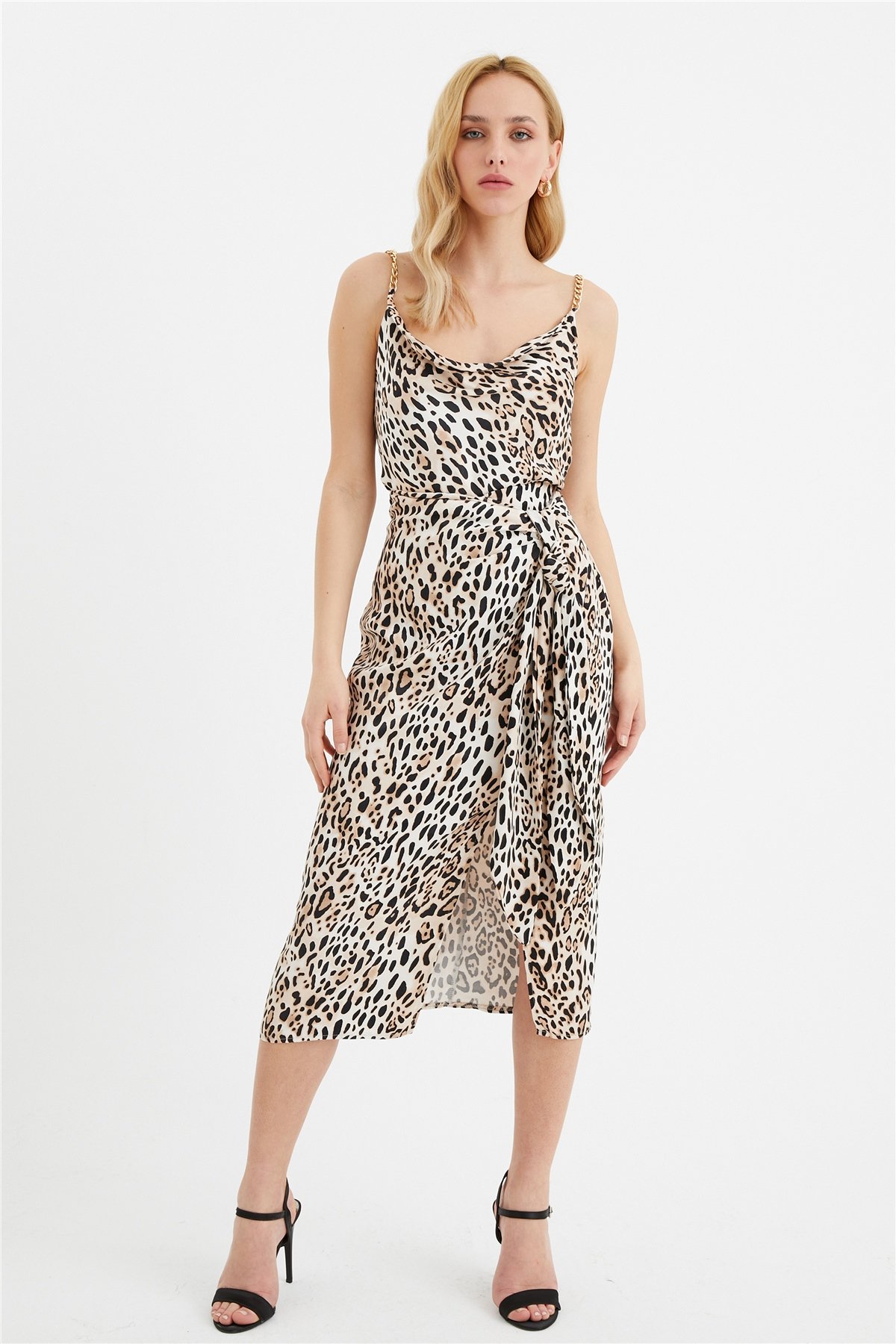 Detaylı leopar desenli saten etek - LEOPAR