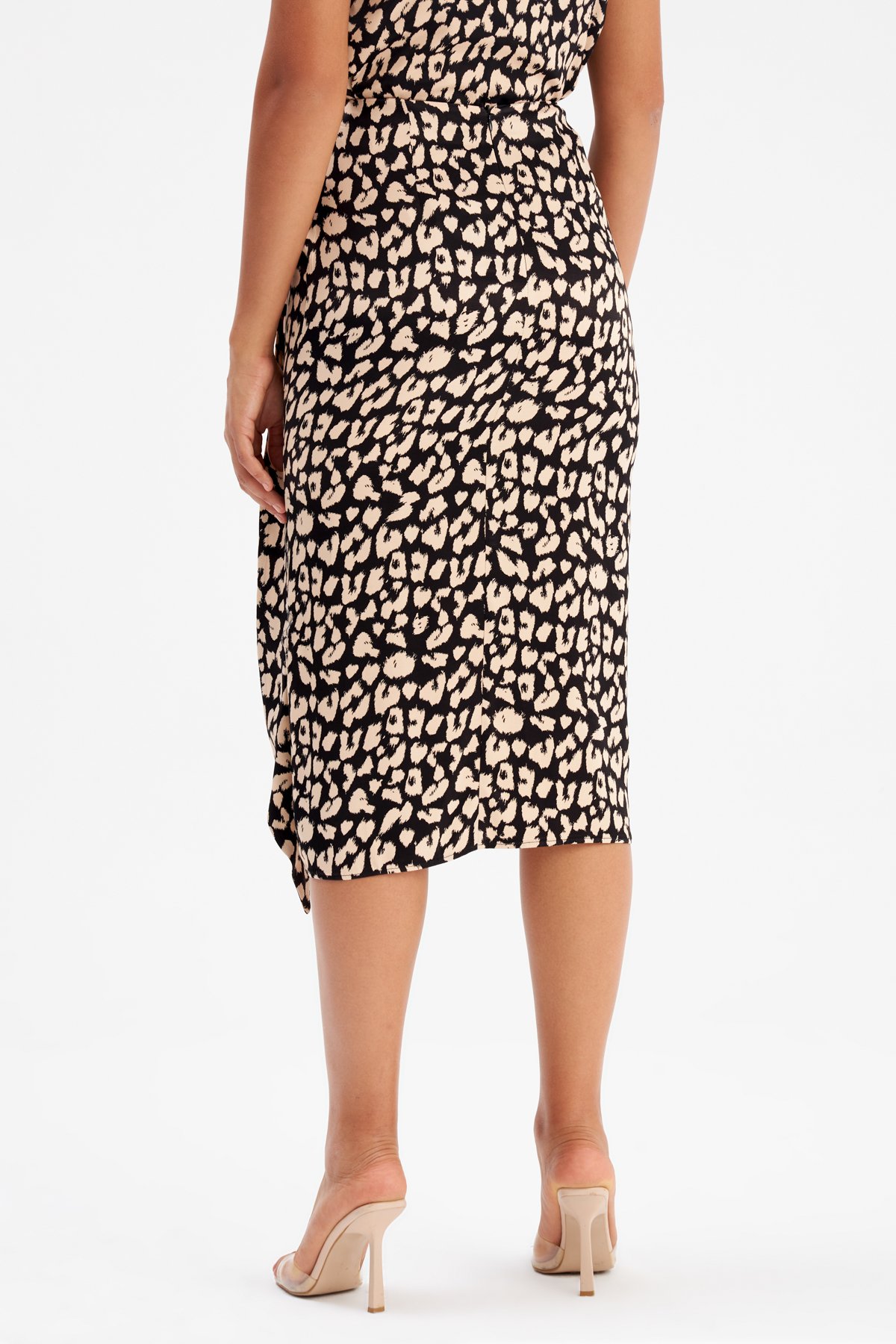 Detaylı leopar desenli saten etek - SİYAH