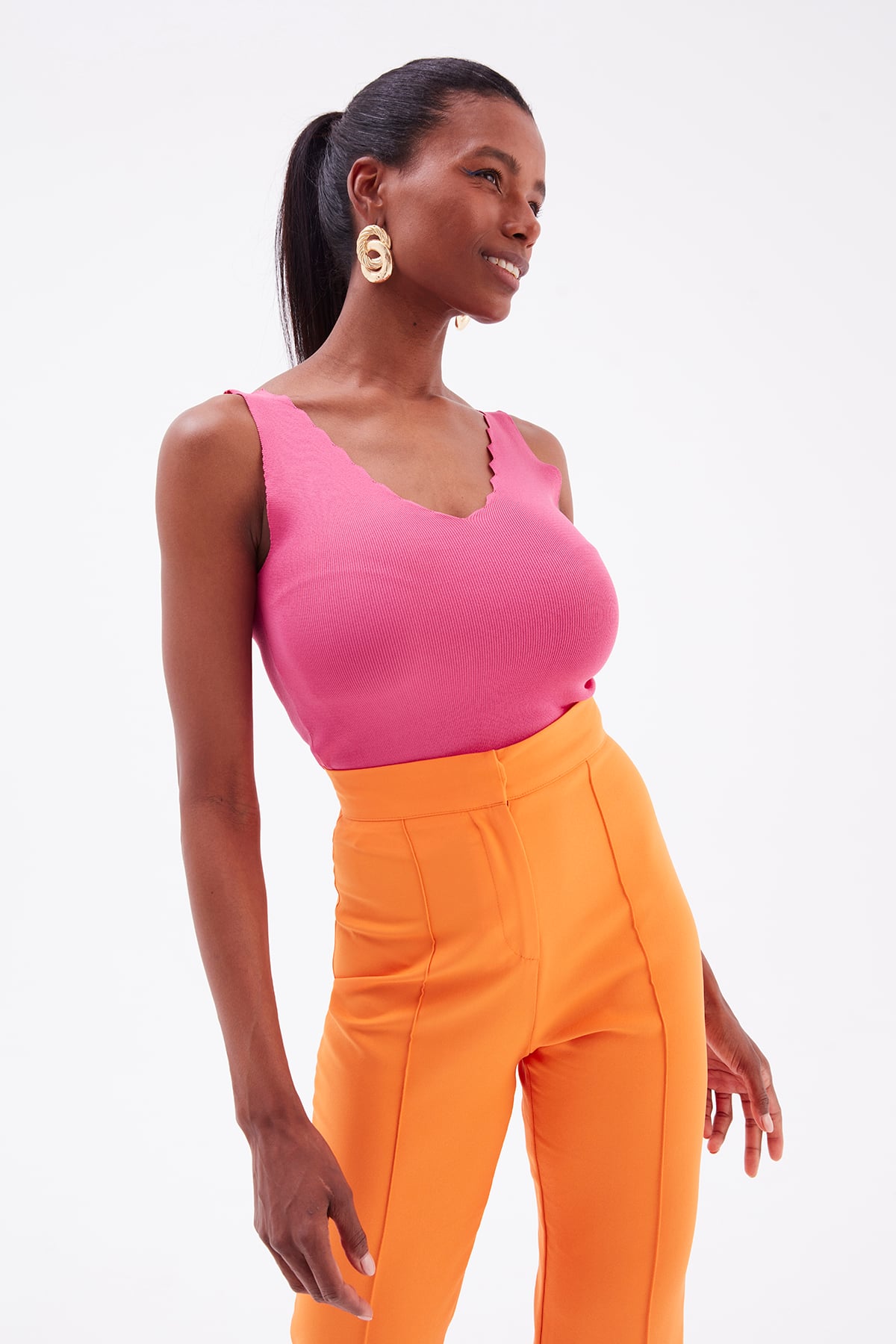 Detailed V Neck Knitwear Blouse - FuchsIa